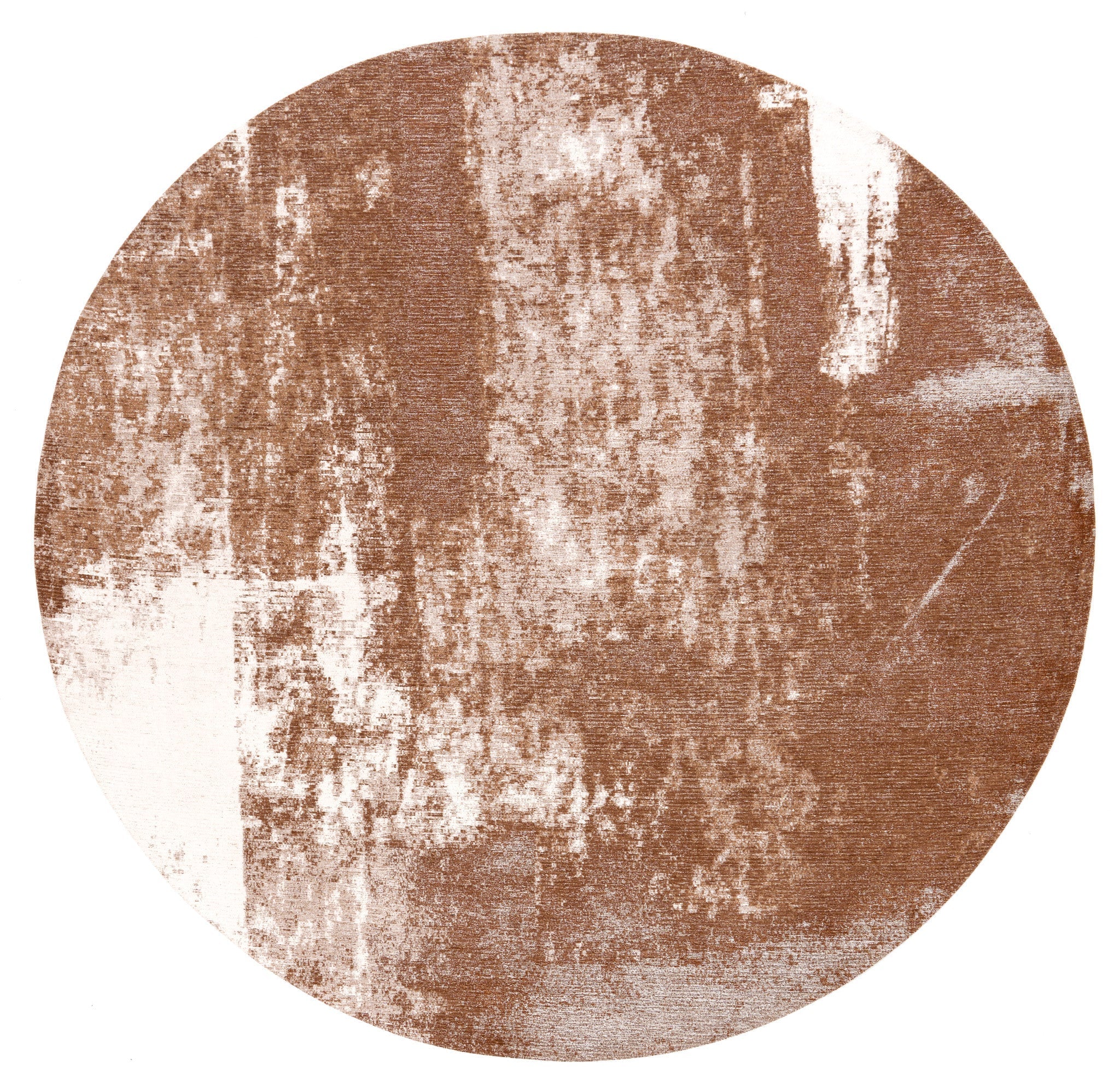 Tapis rond au motif abstrait, style vintage, couleurs terracotta et blanc cassé, ambiance chaleureuse