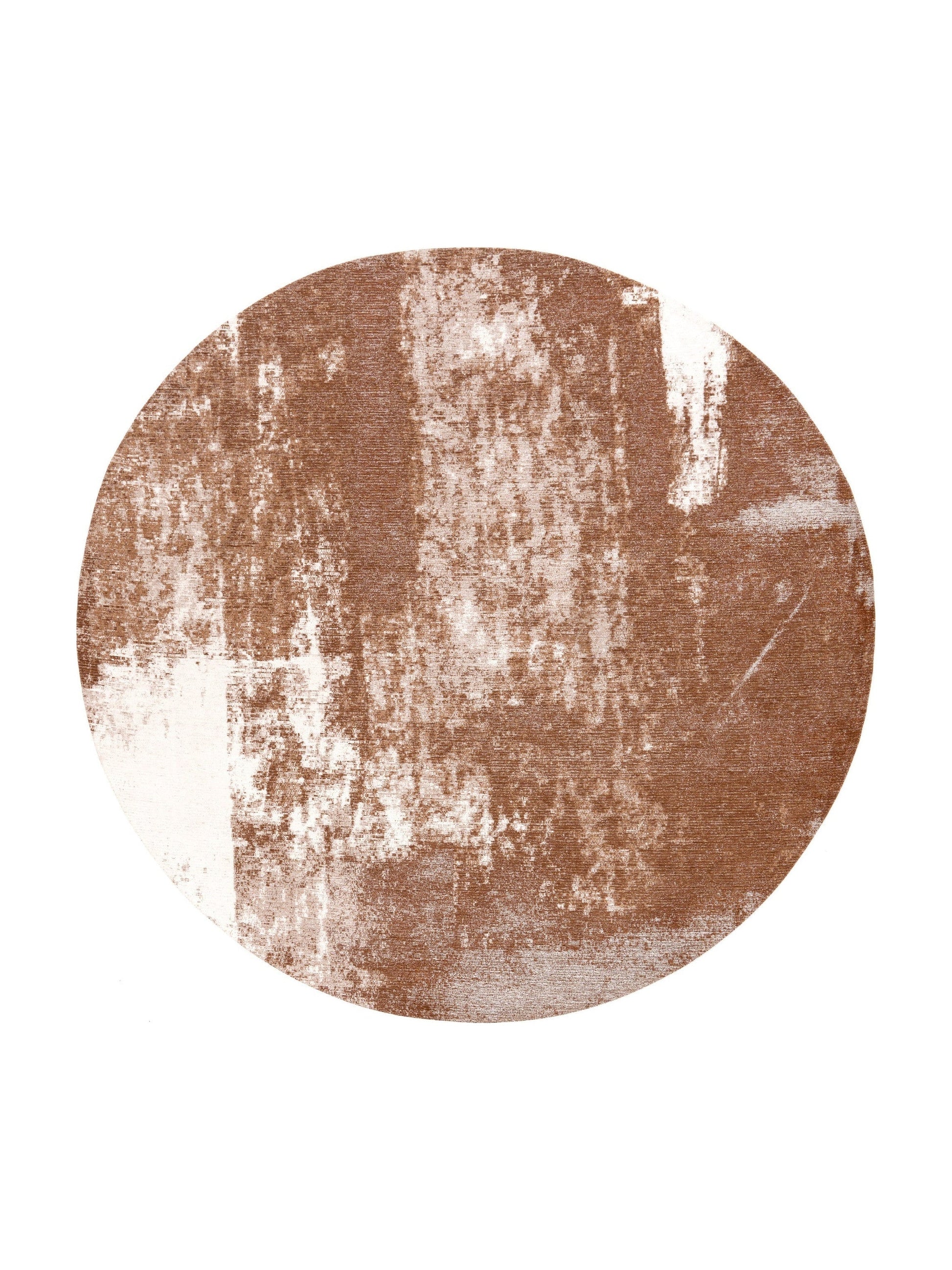 Tapis rond au motif abstrait, style vintage, couleurs terracotta et blanc cassé, ambiance chaleureuse