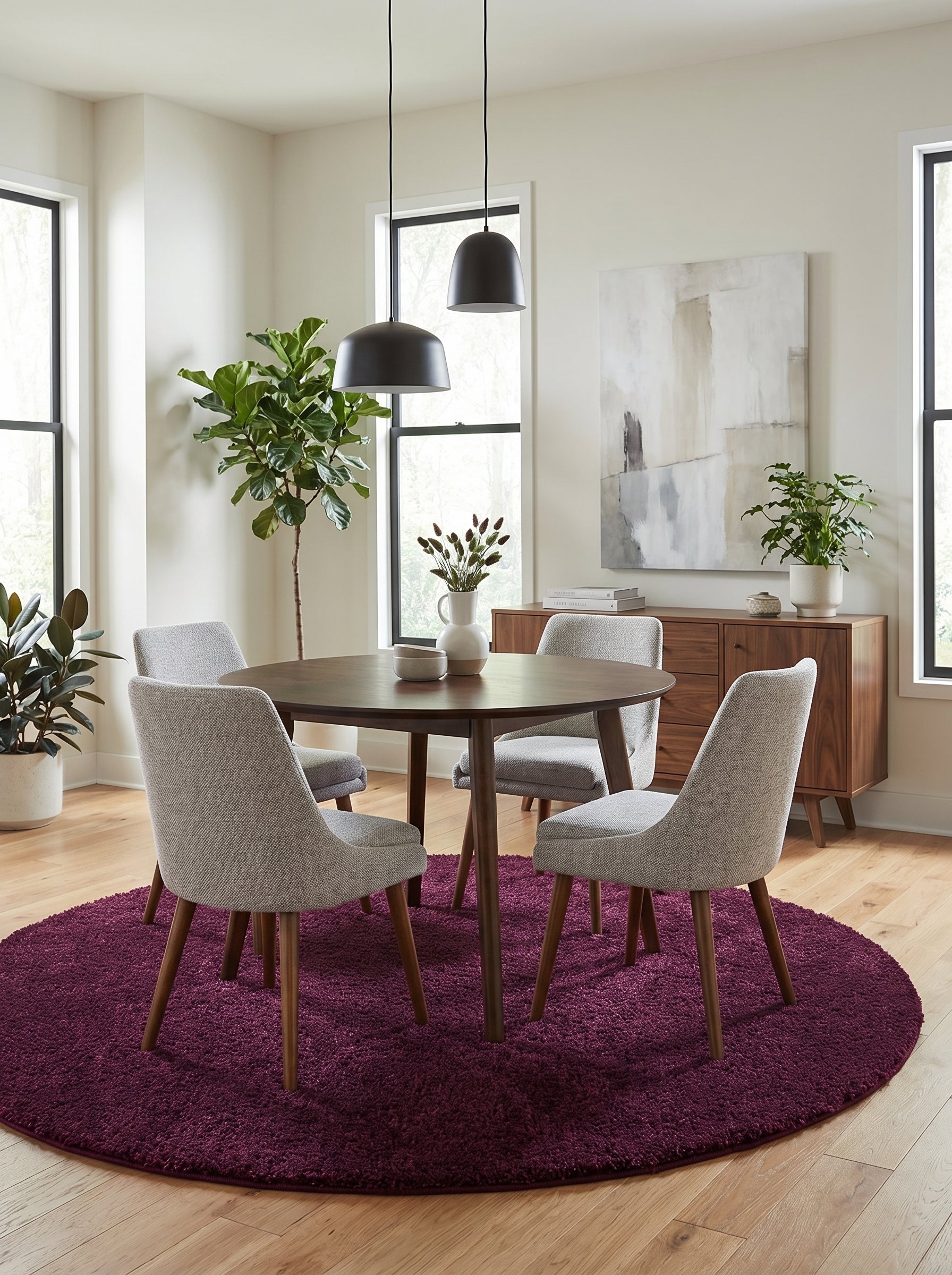 Tapis rond à poils longs de couleur prune intense, posé sur un parquet dans une salle à manger moderne