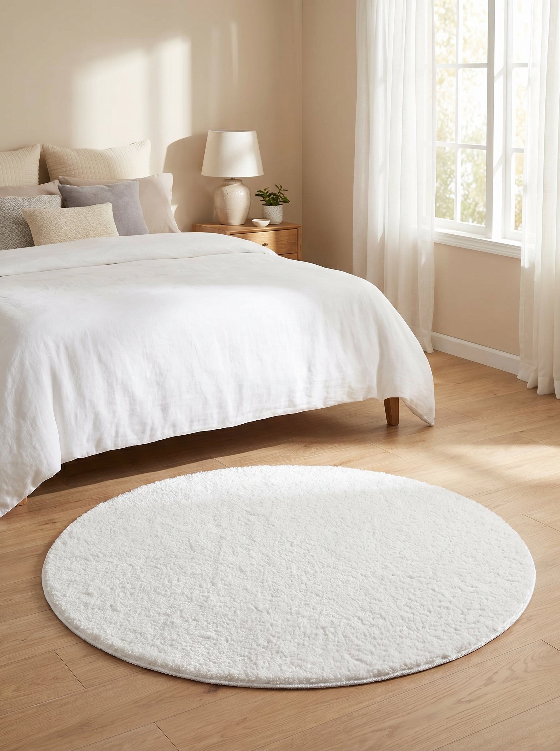 Tapis rond blanc cassé à poils longs, moelleux et uni, posé sur un parquet en bois clair dans une chambre à coucher lumineuse