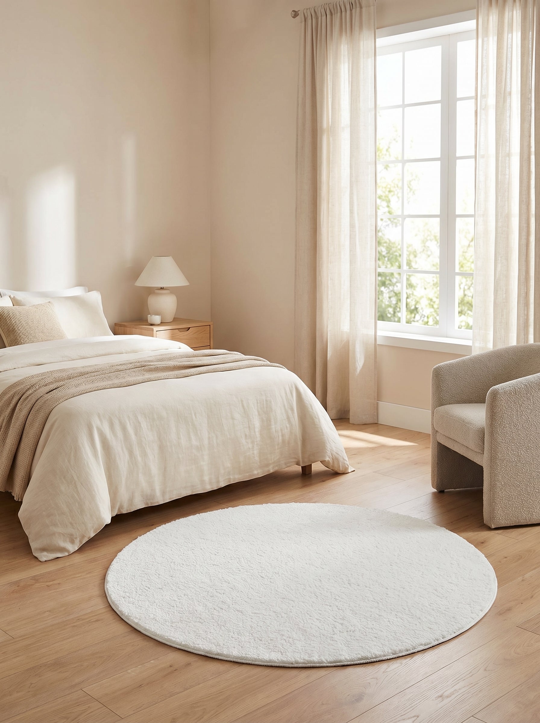 Tapis rond crème clair à texture moelleuse posé sur un parquet clair dans une chambre à coucher lumineuse
