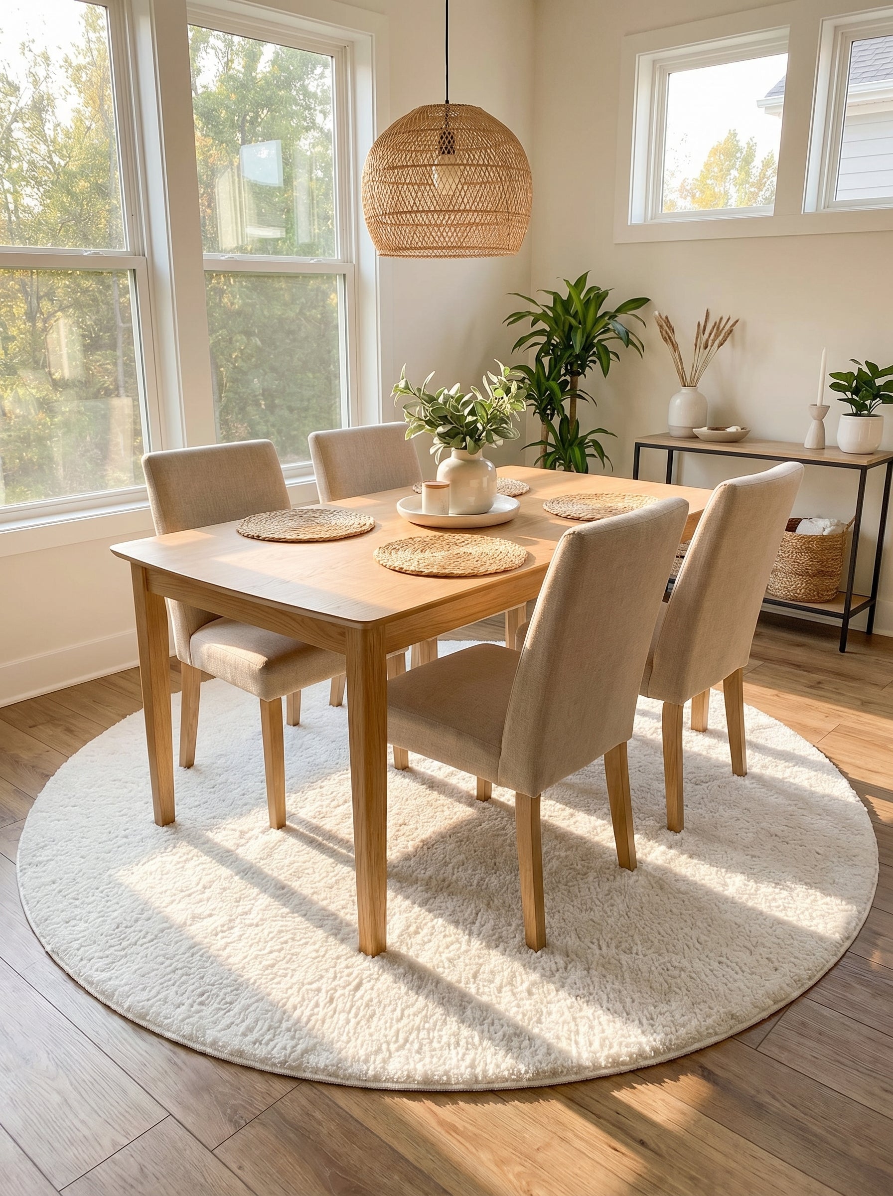 Tapis rond moelleux blanc crème à poils longs, posé sous une table à manger en bois clair, dans un coin repas lumineux