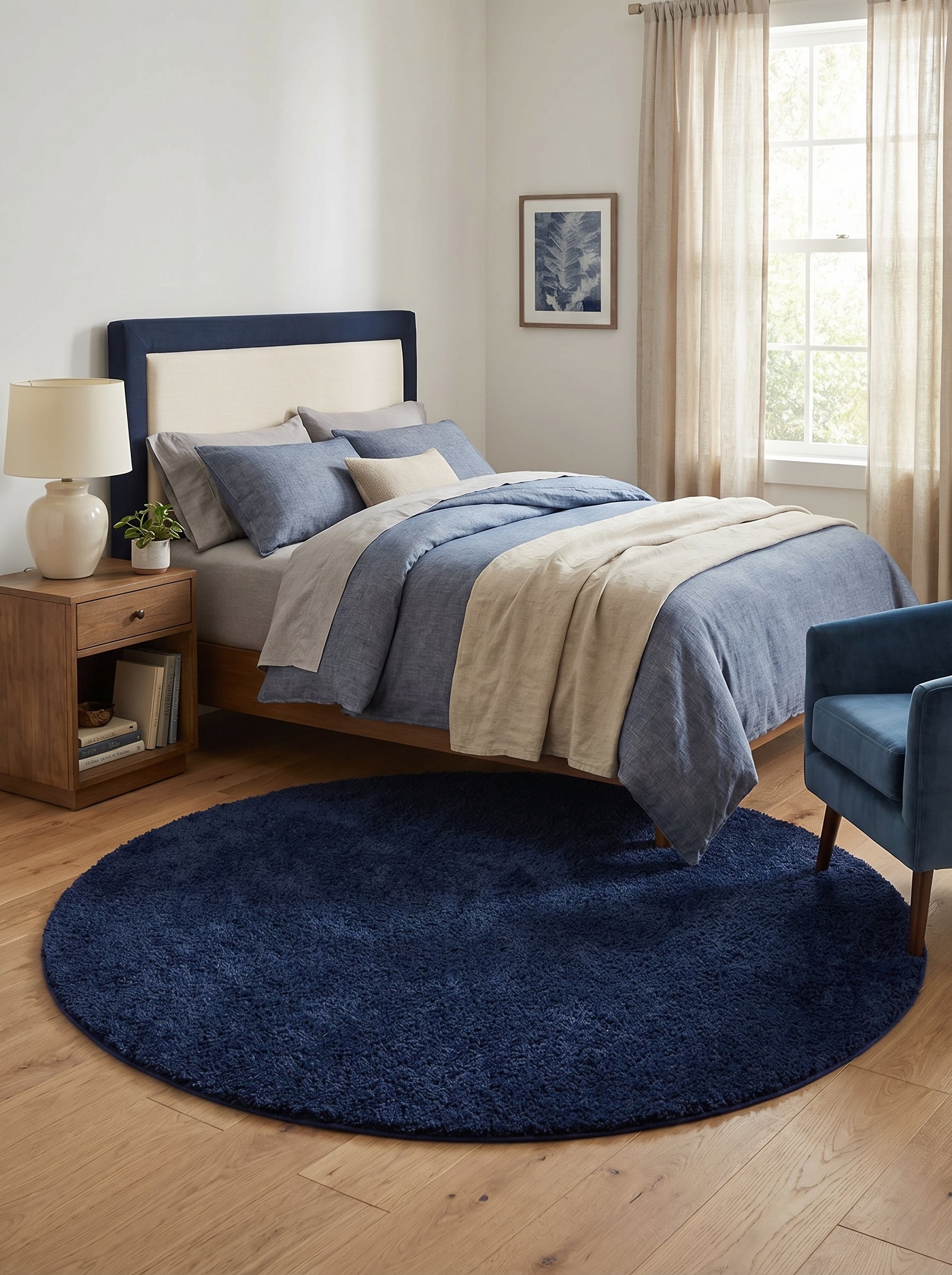 Tapis rond bleu marine à poils longs, posé sur un parquet en bois clair, dans une chambre