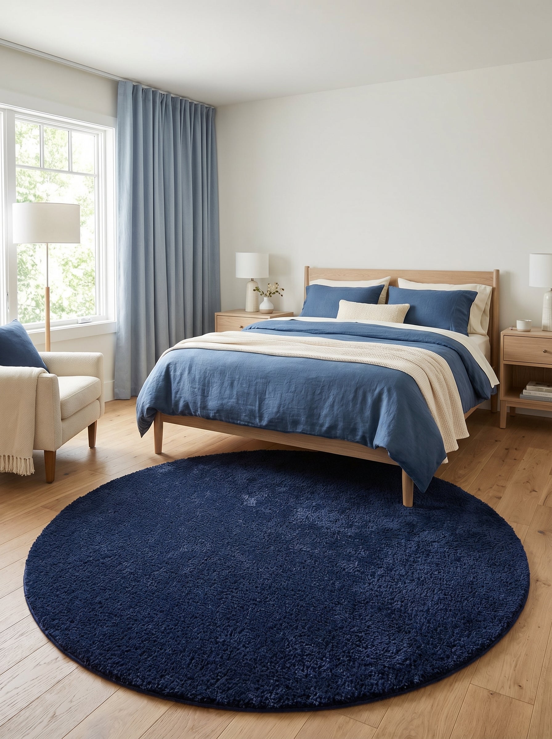 Tapis rond bleu marine à poils longs posé sur un parquet clair dans une chambre lumineuse