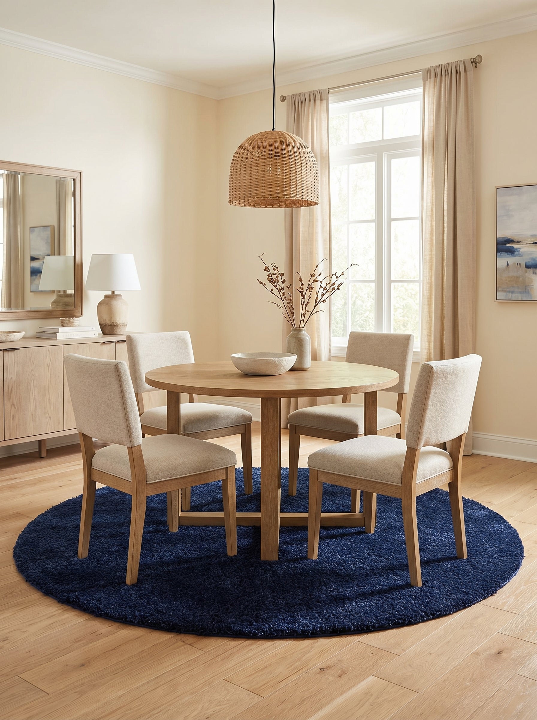 Tapis rond bleu marine à poils longs, apportant de la texture à une salle à manger lumineuse