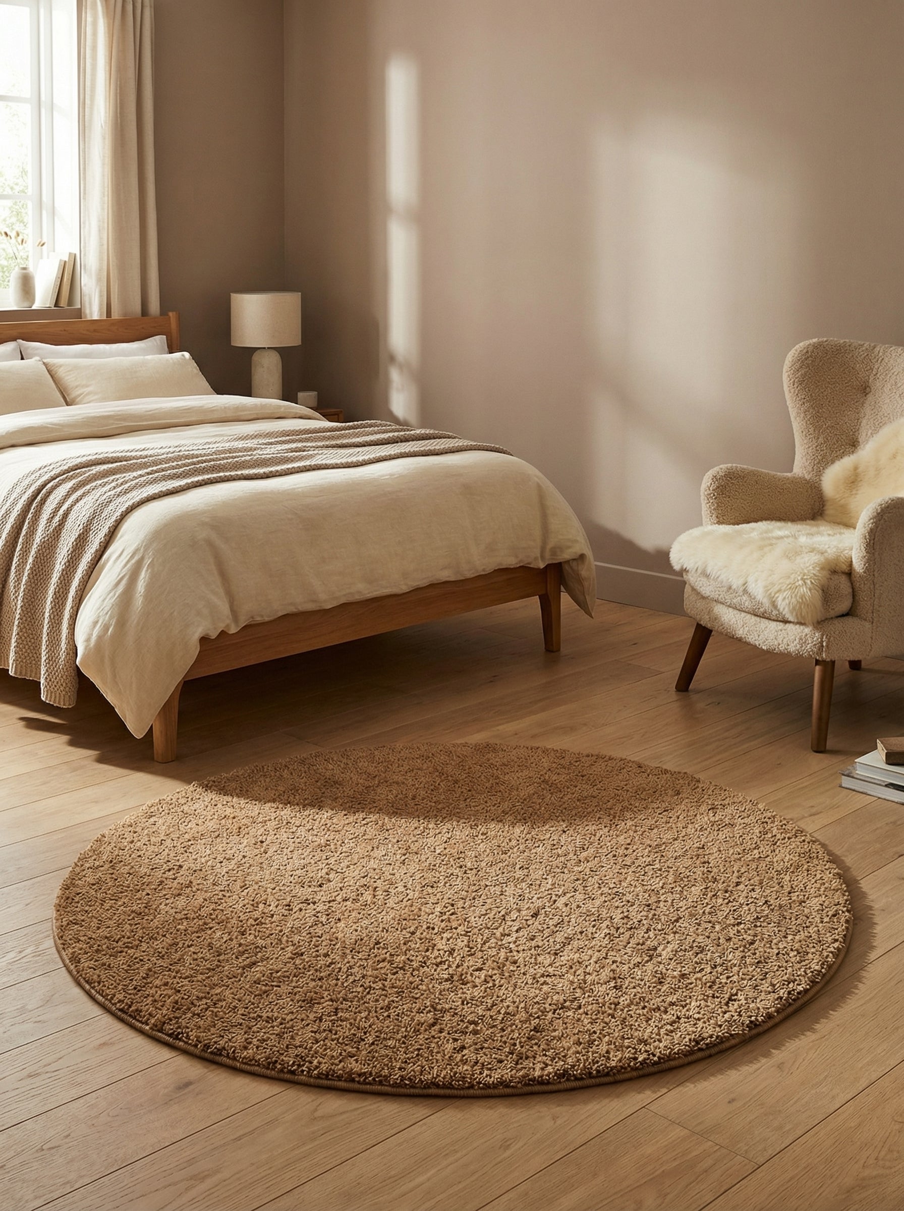 Tapis rond à poils longs de couleur brun clair posé sur un parquet en bois, au centre d'une chambre aux tons doux