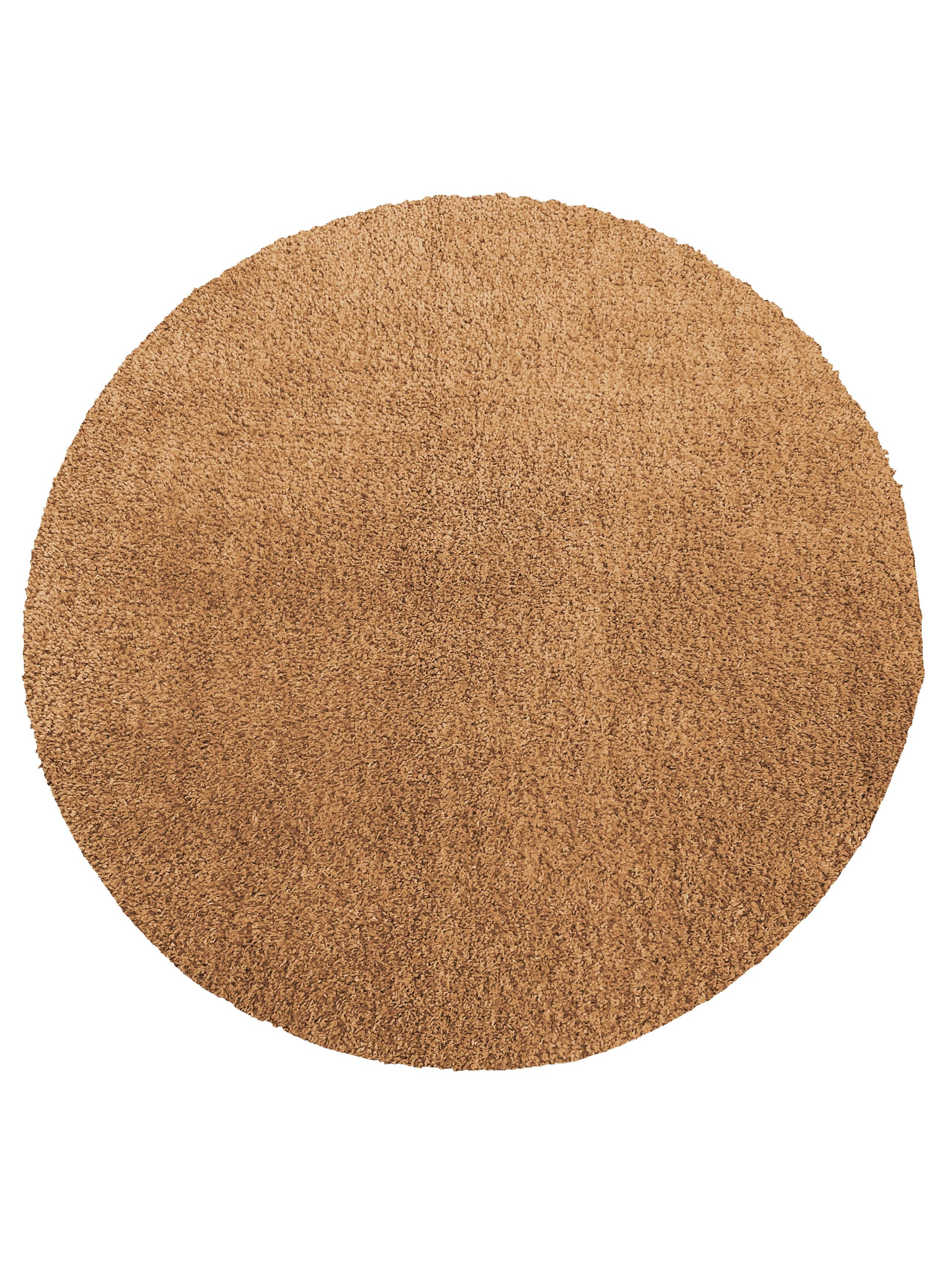 Tapis rond de couleur noisette, présentant une texture dense et moelleuse de longs poils