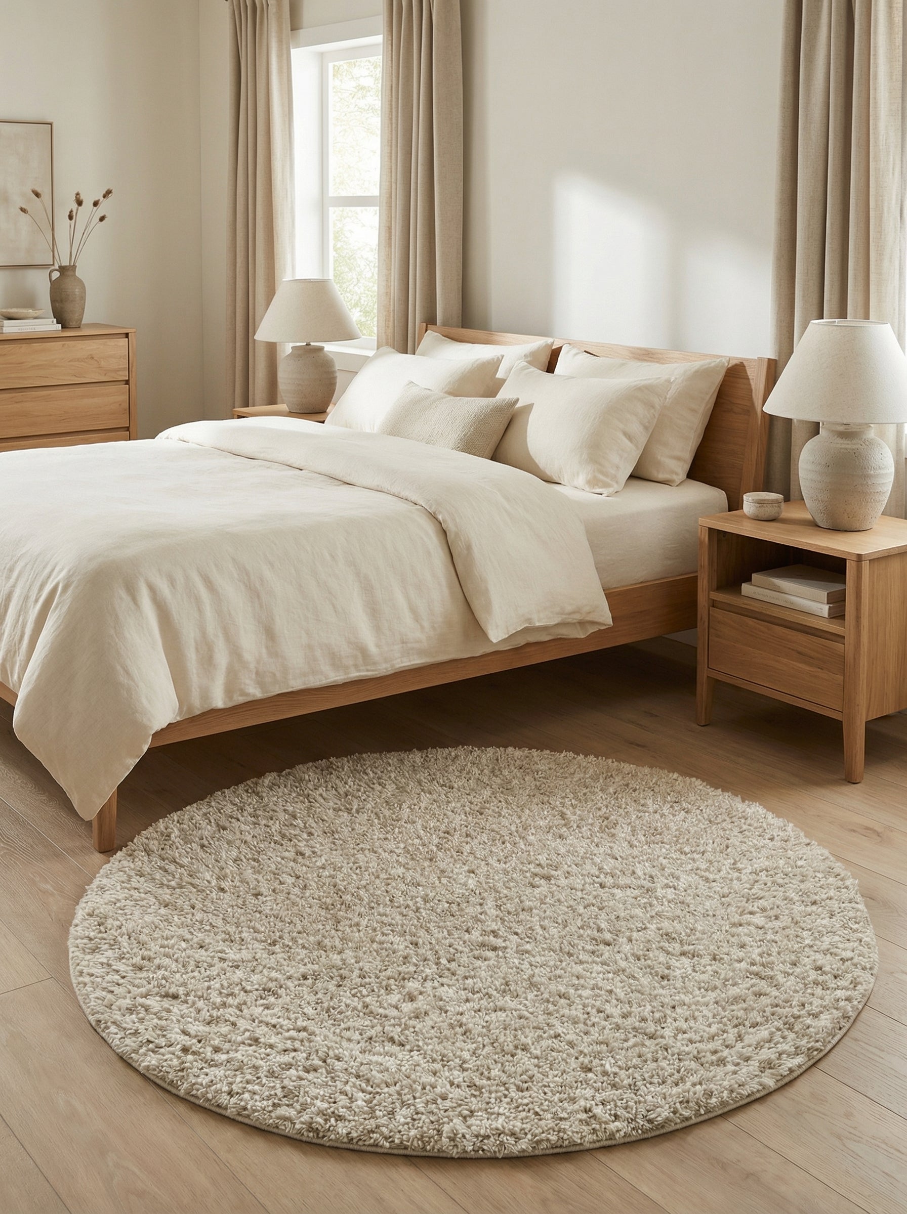 Tapis rond shaggy de couleur beige clair à poils longs et moelleux, posé sur un parquet clair dans une chambre lumineuse