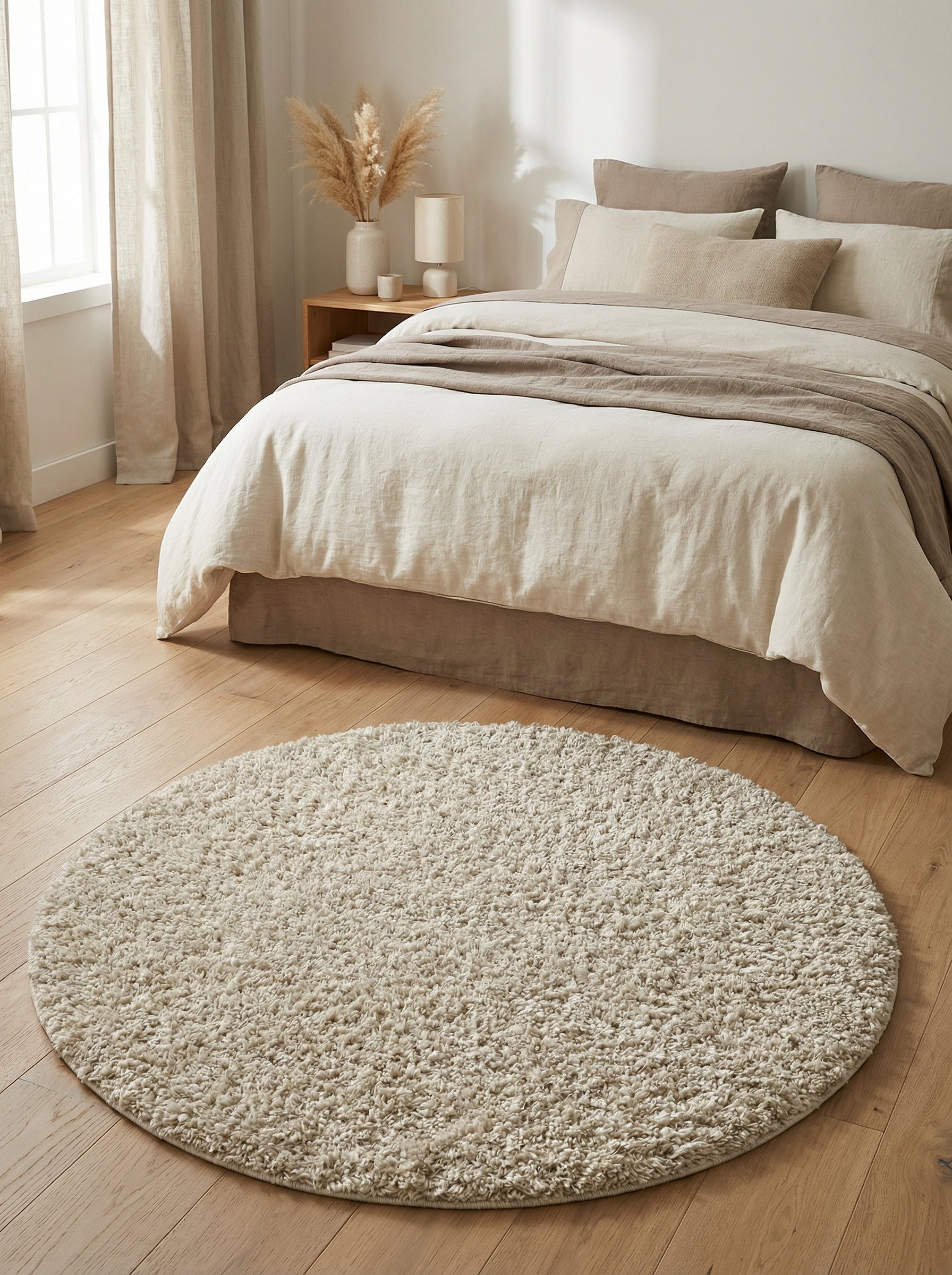 Tapis rond beige clair à poils longs et moelleux, posé sur un parquet en bois clair dans une chambre aux tons neutres