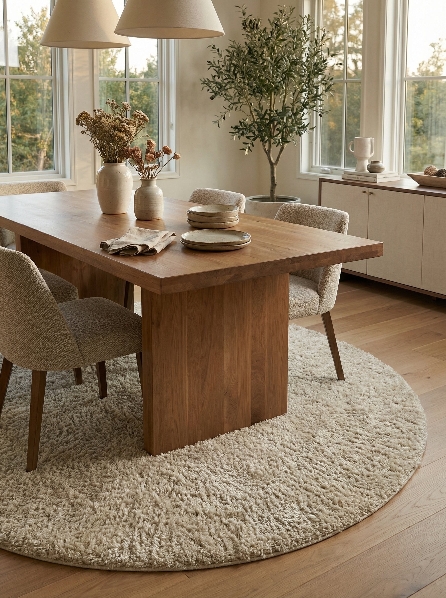Tapis rond shaggy à poils longs de couleur beige-crème sous une table et des chaises dans une salle à manger lumineuse