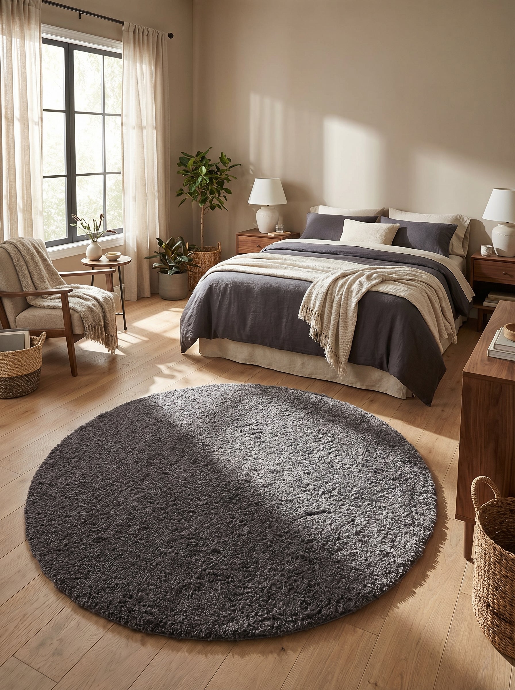 Tapis rond moelleux gris anthracite à texture shaggy sur un plancher en bois clair dans une chambre moderne