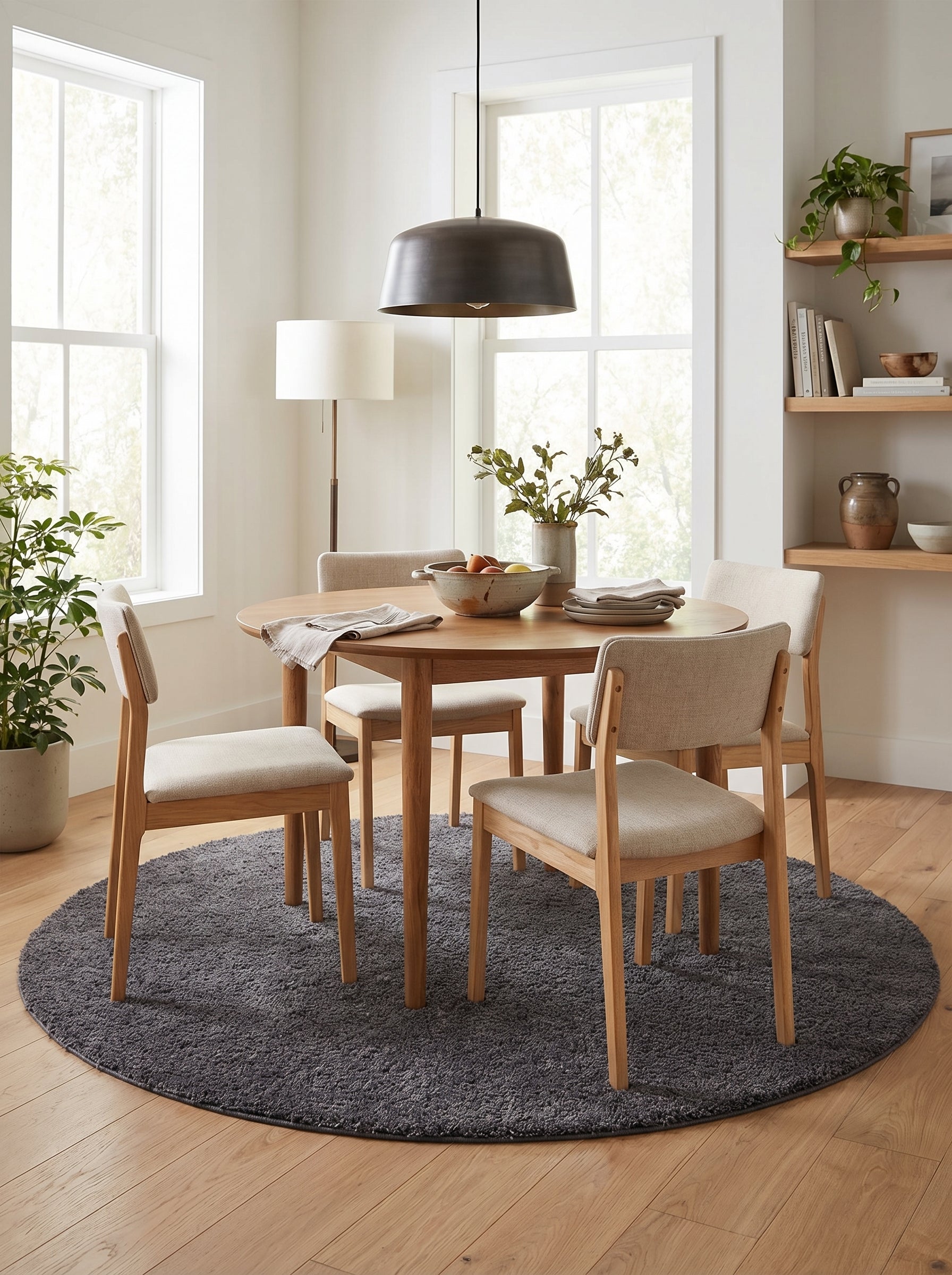 Tapis rond shaggy gris anthracite sous une table à manger en bois clair avec chaises dans une salle à manger lumineuse