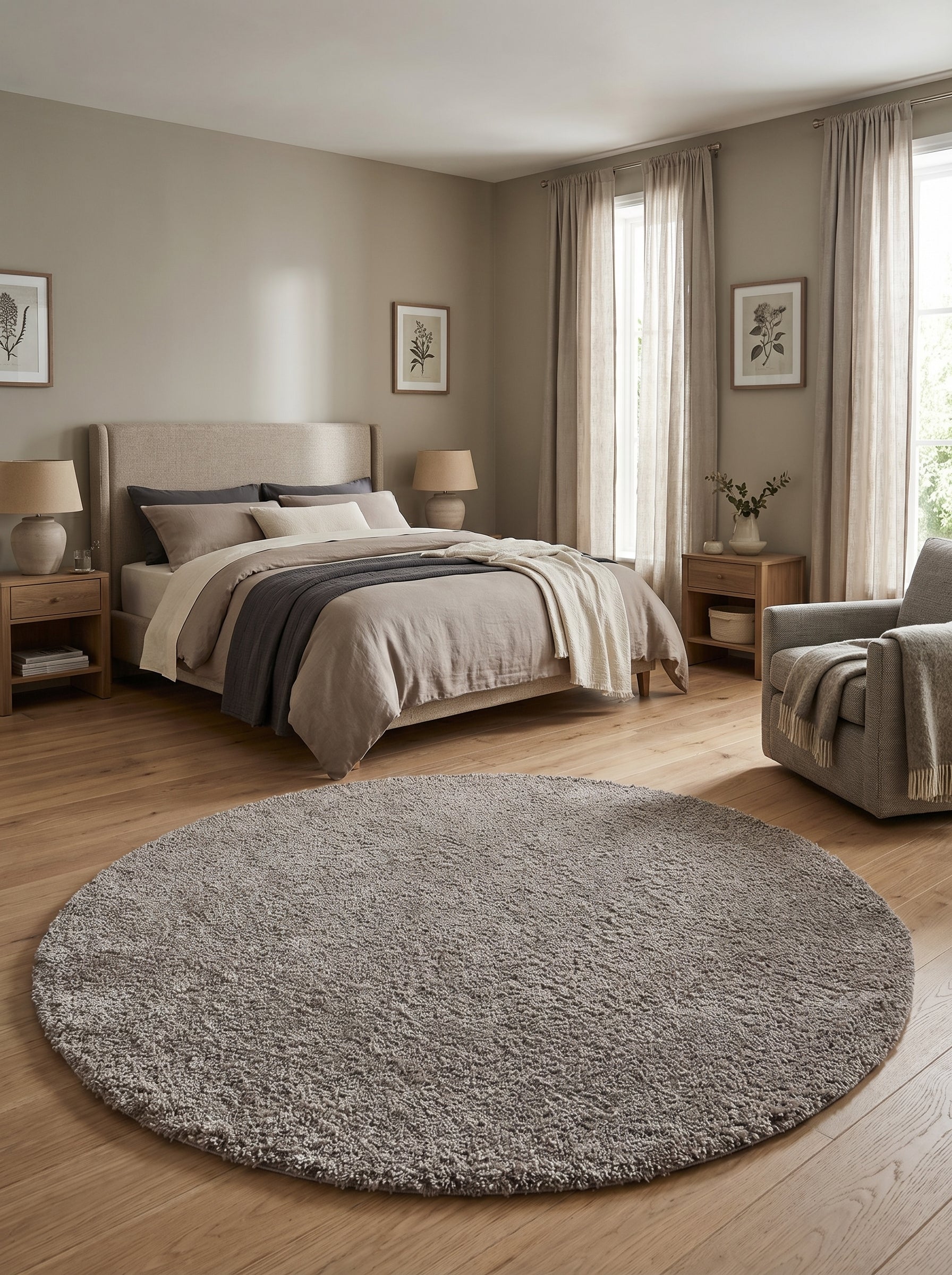 Tapis rond moelleux gris taupe sur parquet clair, dans une chambre au décor neutre