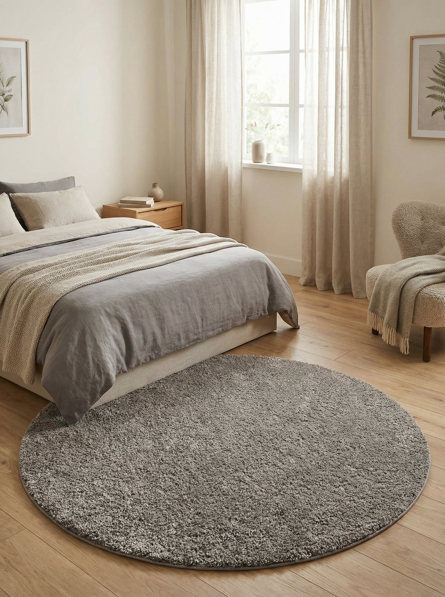 Tapis rond gris taupe à poils longs posé sur un parquet clair dans une chambre lumineuse