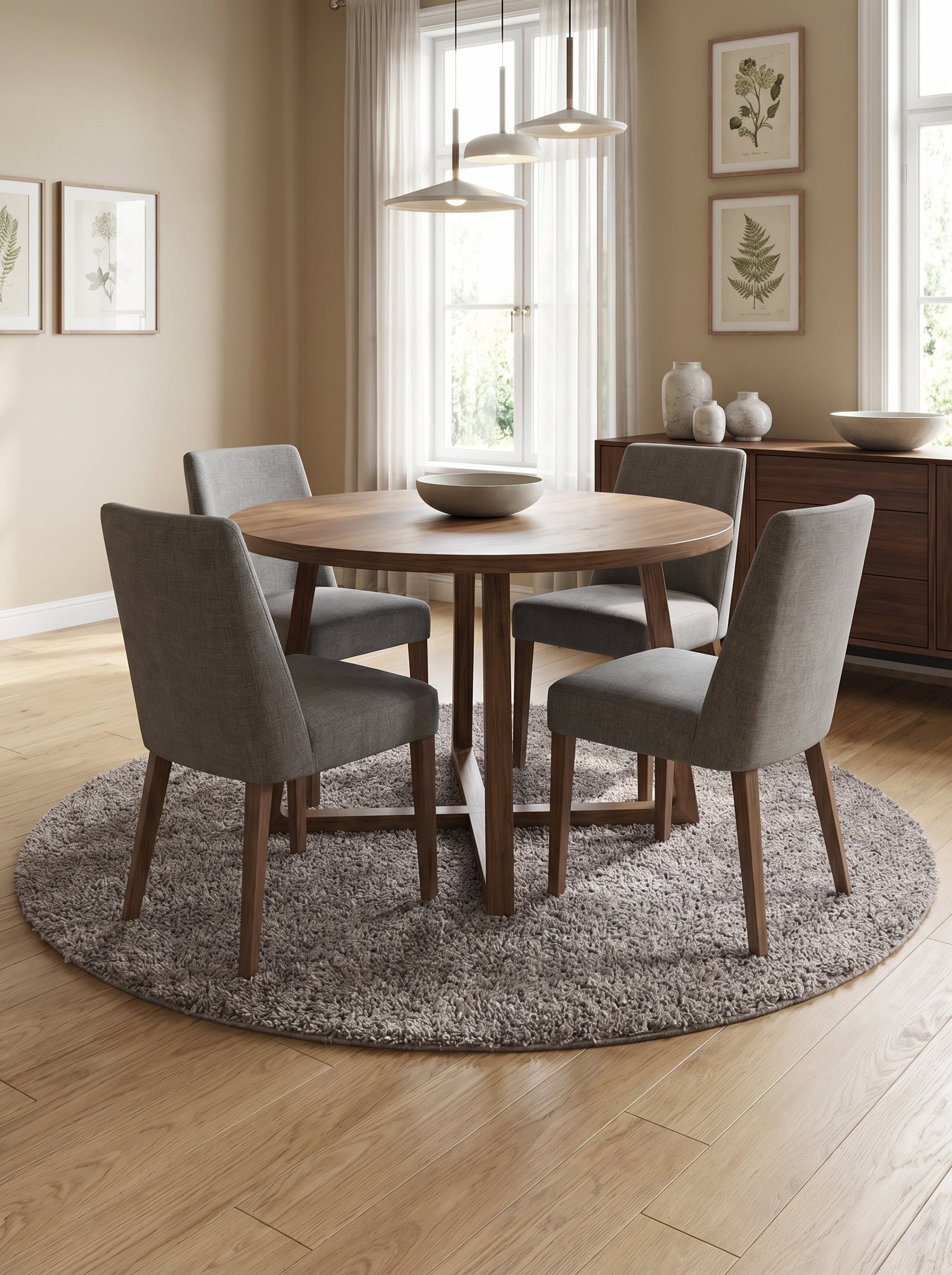 Tapis rond en shag moelleux de couleur gris clair chiné, posé sous une table de salle à manger contemporaine