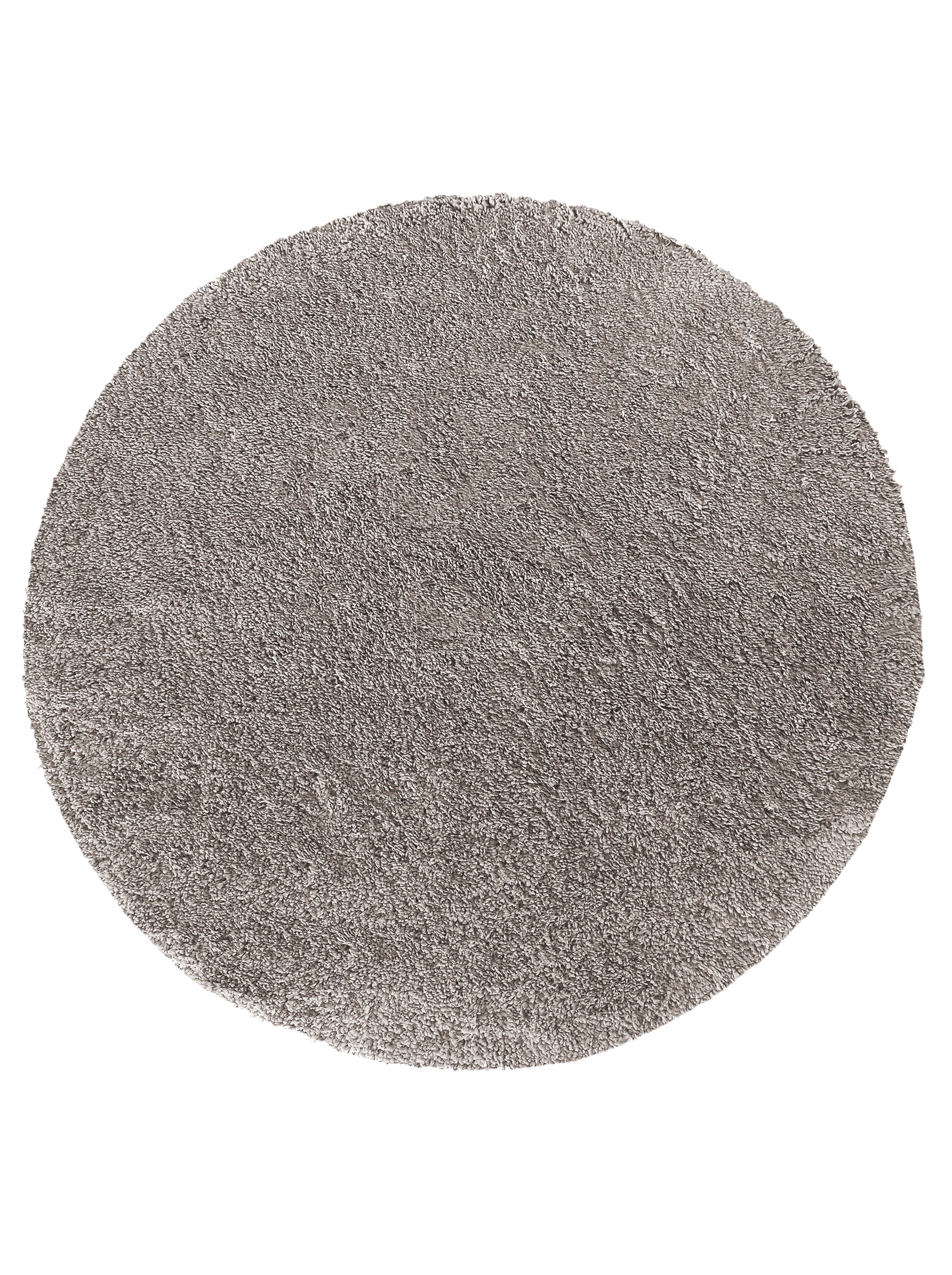 Tapis rond gris clair, avec une texture moelleuse de poils longs et denses