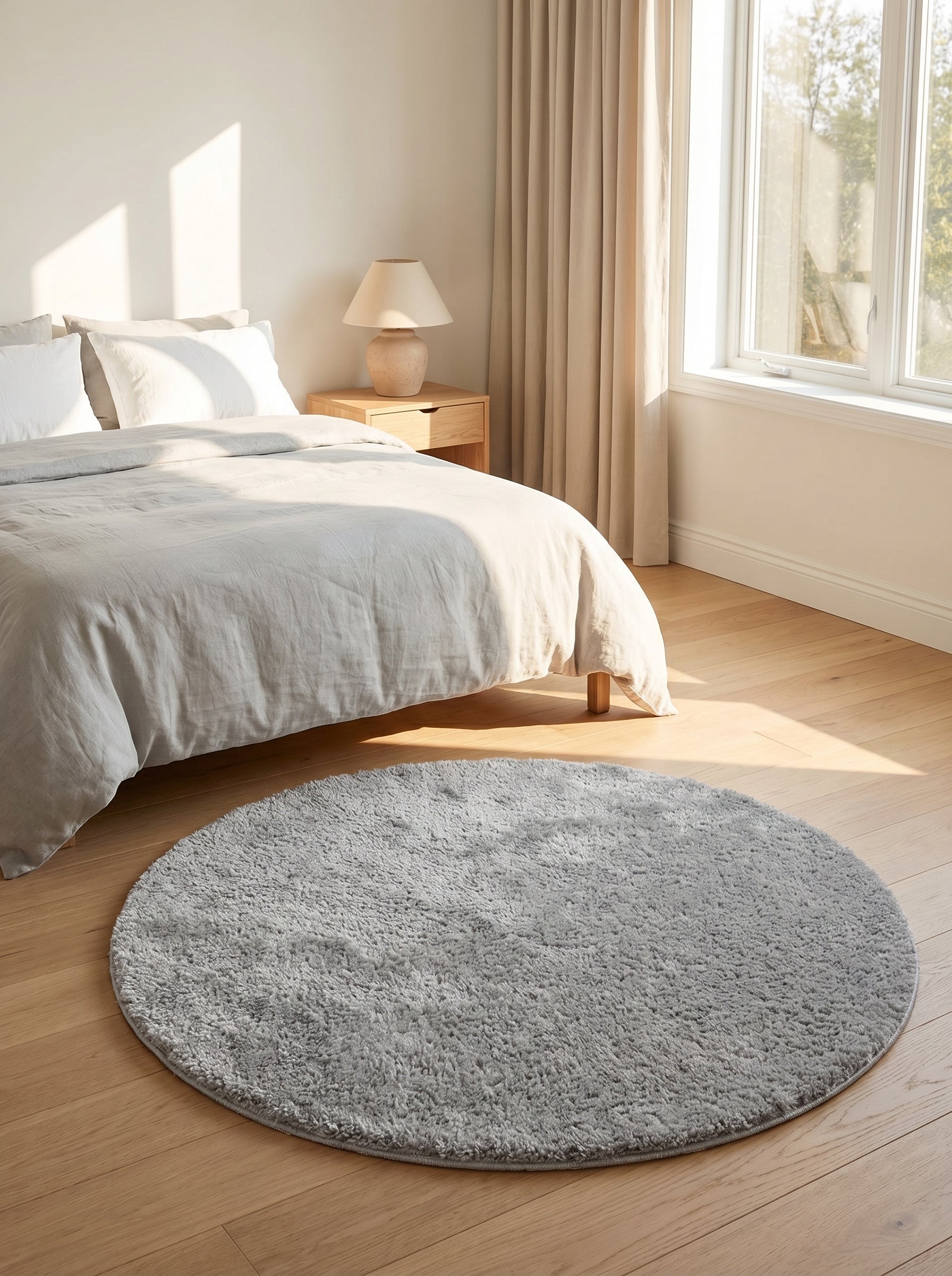 Tapis rond gris clair à poils longs et moelleux posé sur un plancher en bois clair dans une chambre lumineuse