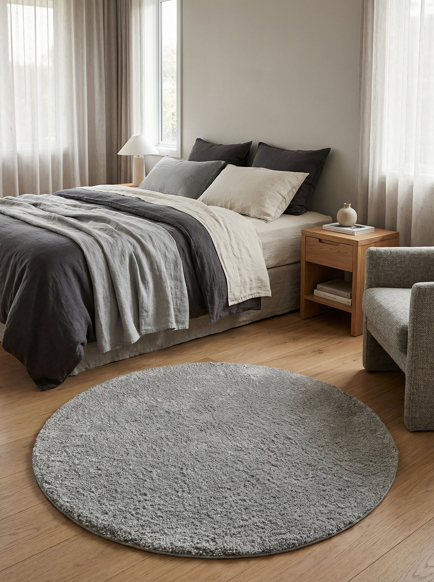 Tapis rond gris clair à poils longs et doux posé sur un parquet en bois clair dans une chambre lumineuse