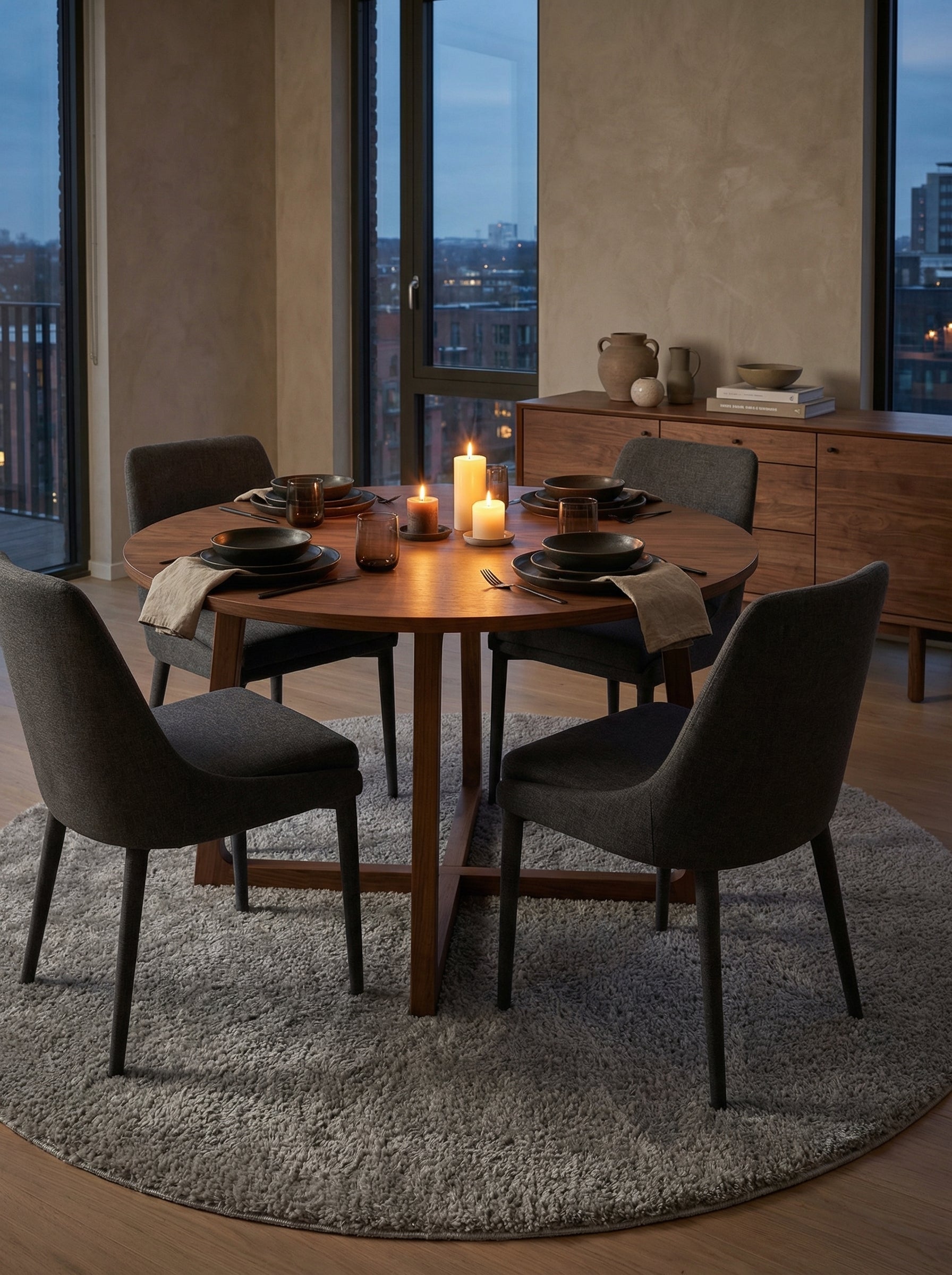 Tapis rond gris clair à poils longs et moelleux, placé sous une table dans une salle à manger chaleureuse