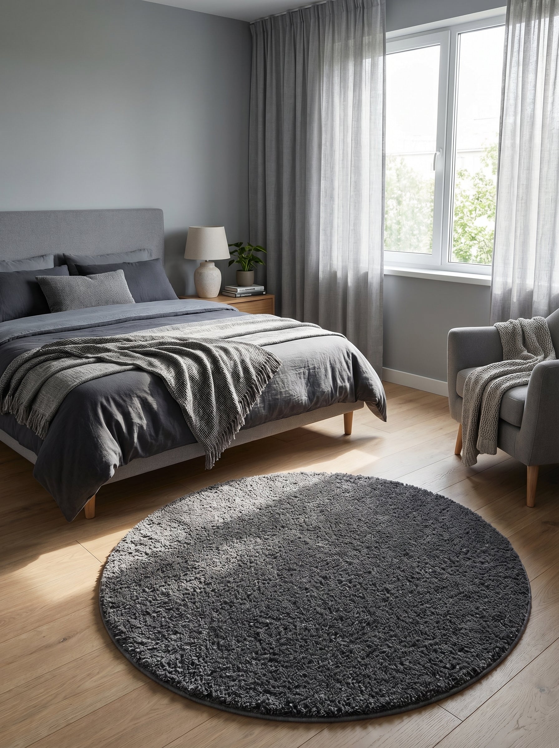 Tapis rond gris anthracite à poils longs posé sur un parquet en bois clair dans une chambre à coucher lumineuse