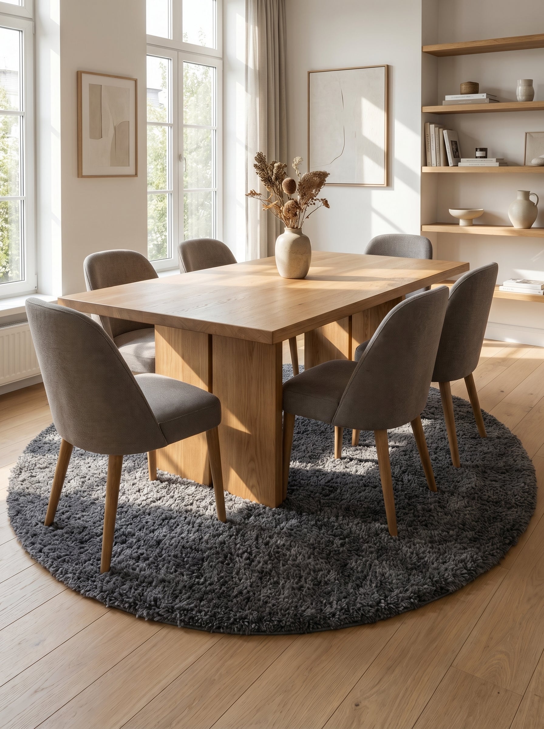 Tapis shaggy rond gris anthracite sous une table de salle à manger en bois clair