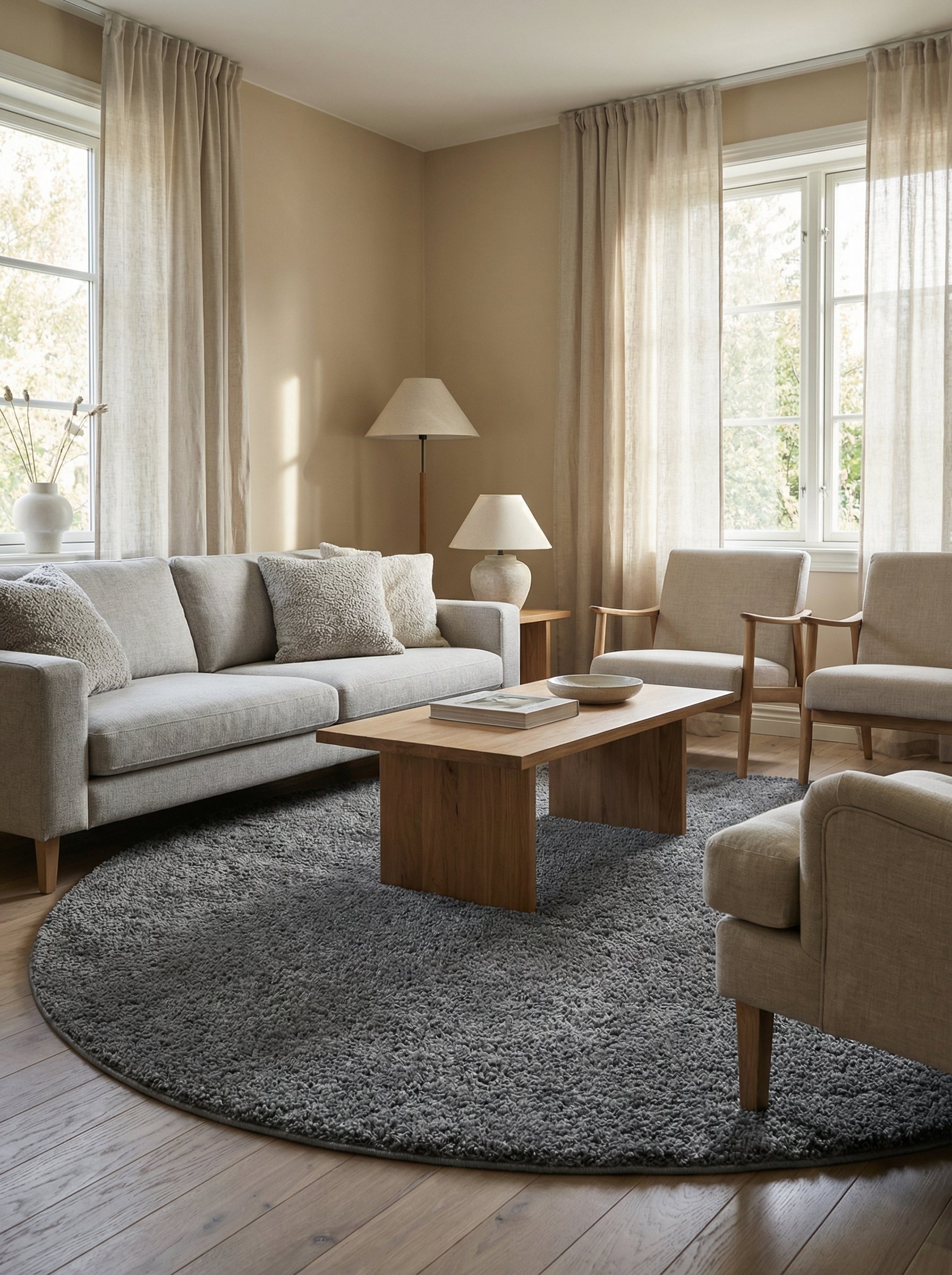 Tapis rond gris foncé à poils longs et moelleux, centré dans un salon lumineux avec canapé clair et table basse en bois