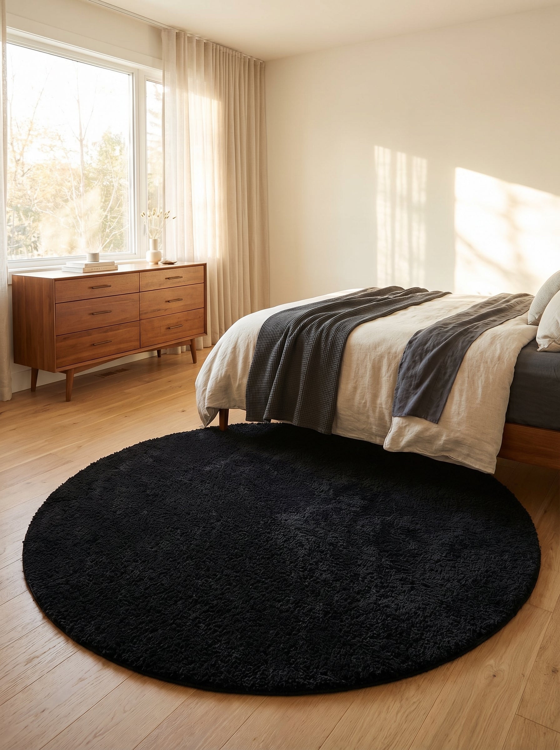 Tapis rond noir à poils longs et moelleux sur un parquet en bois clair, devant un lit dans une chambre lumineuse
