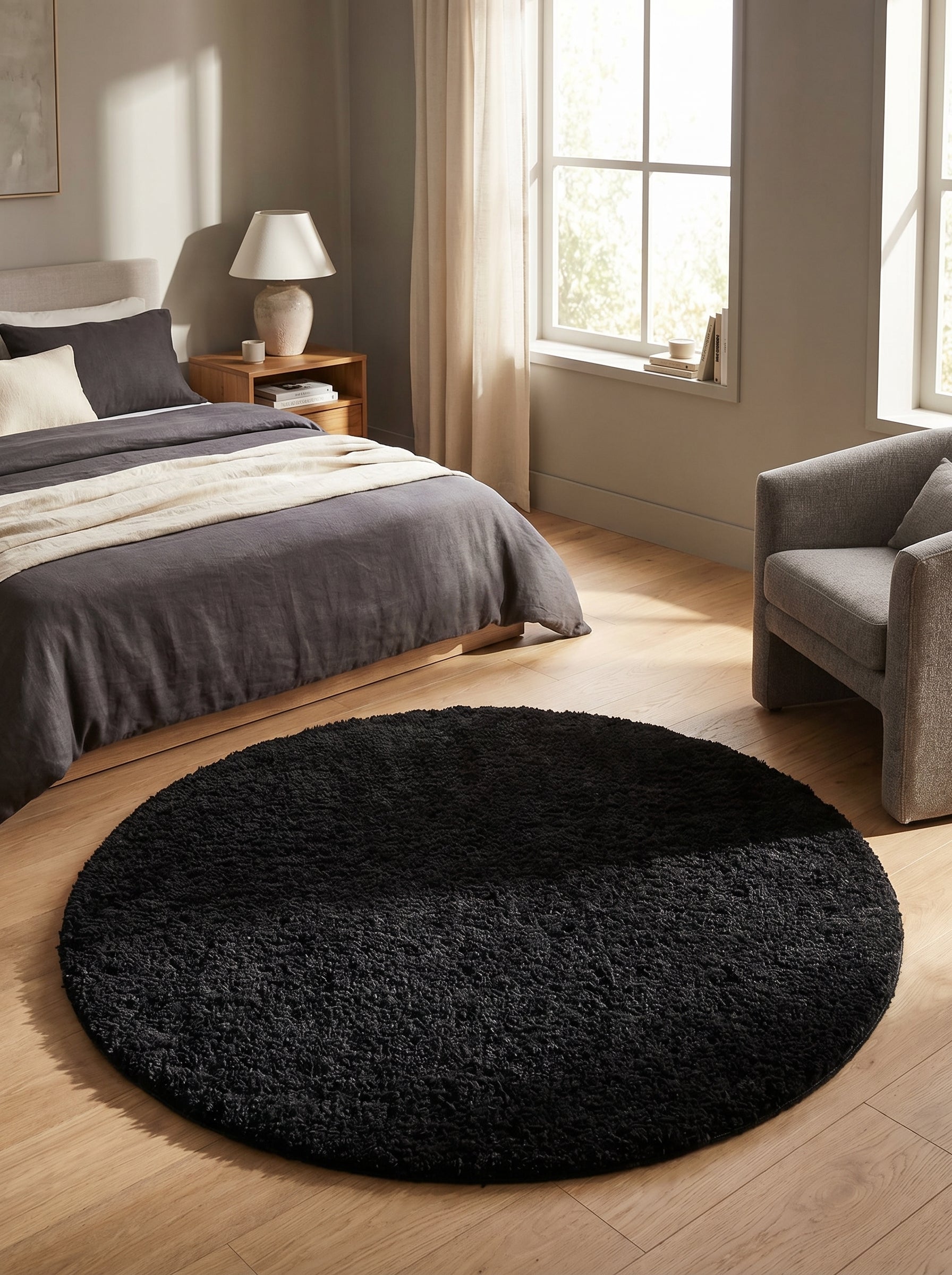 Tapis rond noir à poils longs posé sur un parquet clair dans une chambre lumineuse