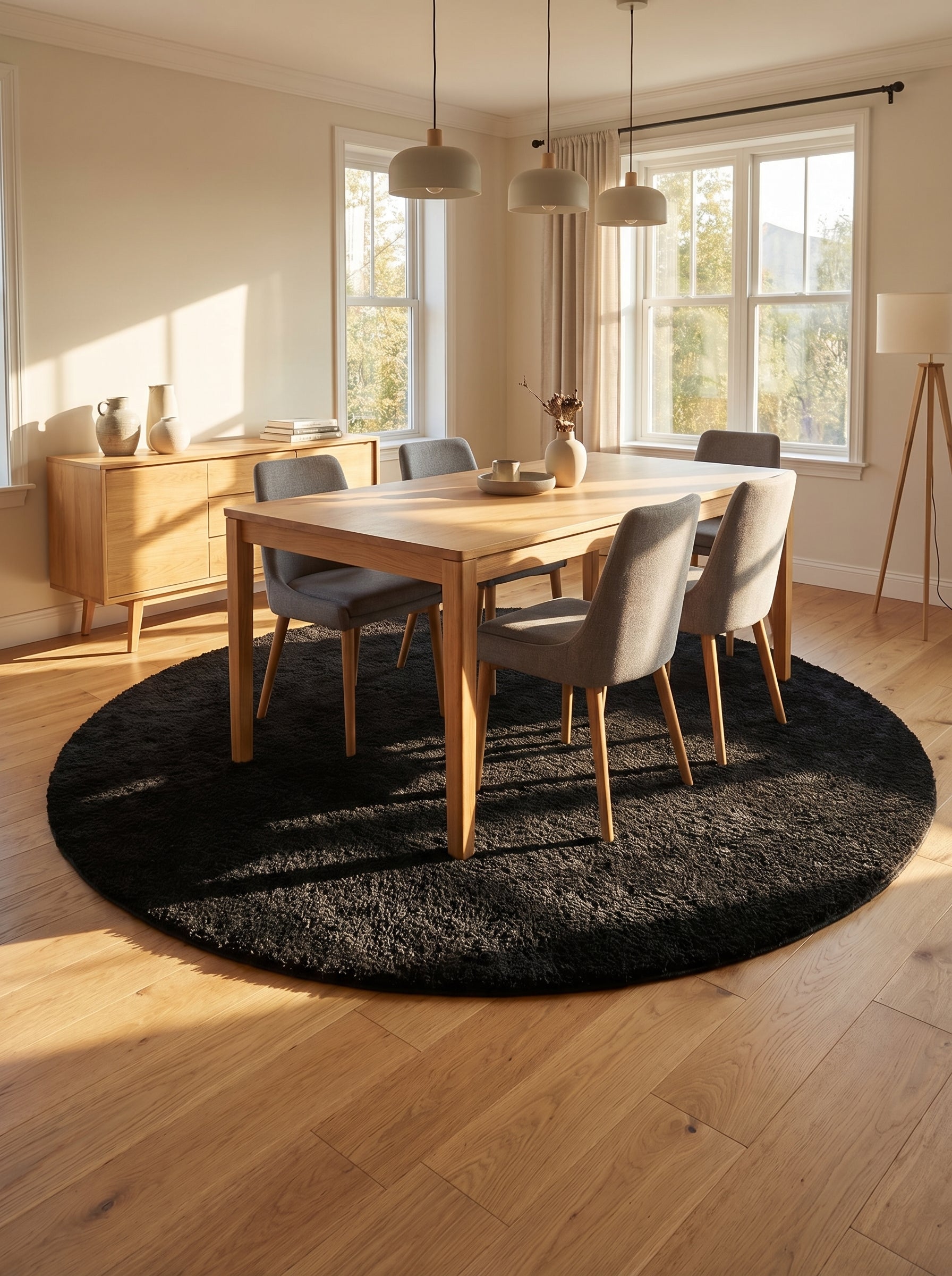 Tapis rond noir à mèches longues et douces, placé sous une table à manger dans un salon ensoleillé