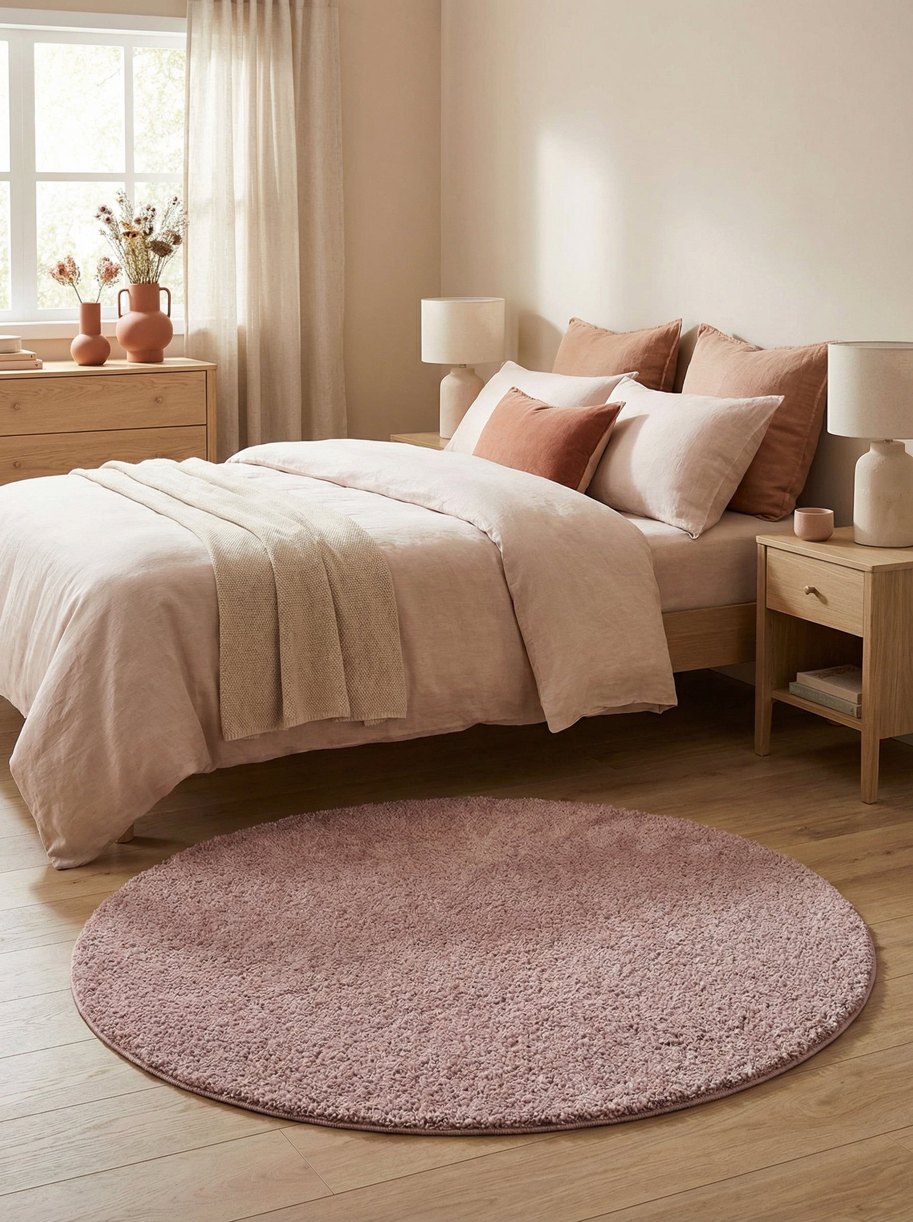 Tapis rond rose poudré à poils longs et moelleux posé sur un parquet en bois clair devant un lit dans une chambre