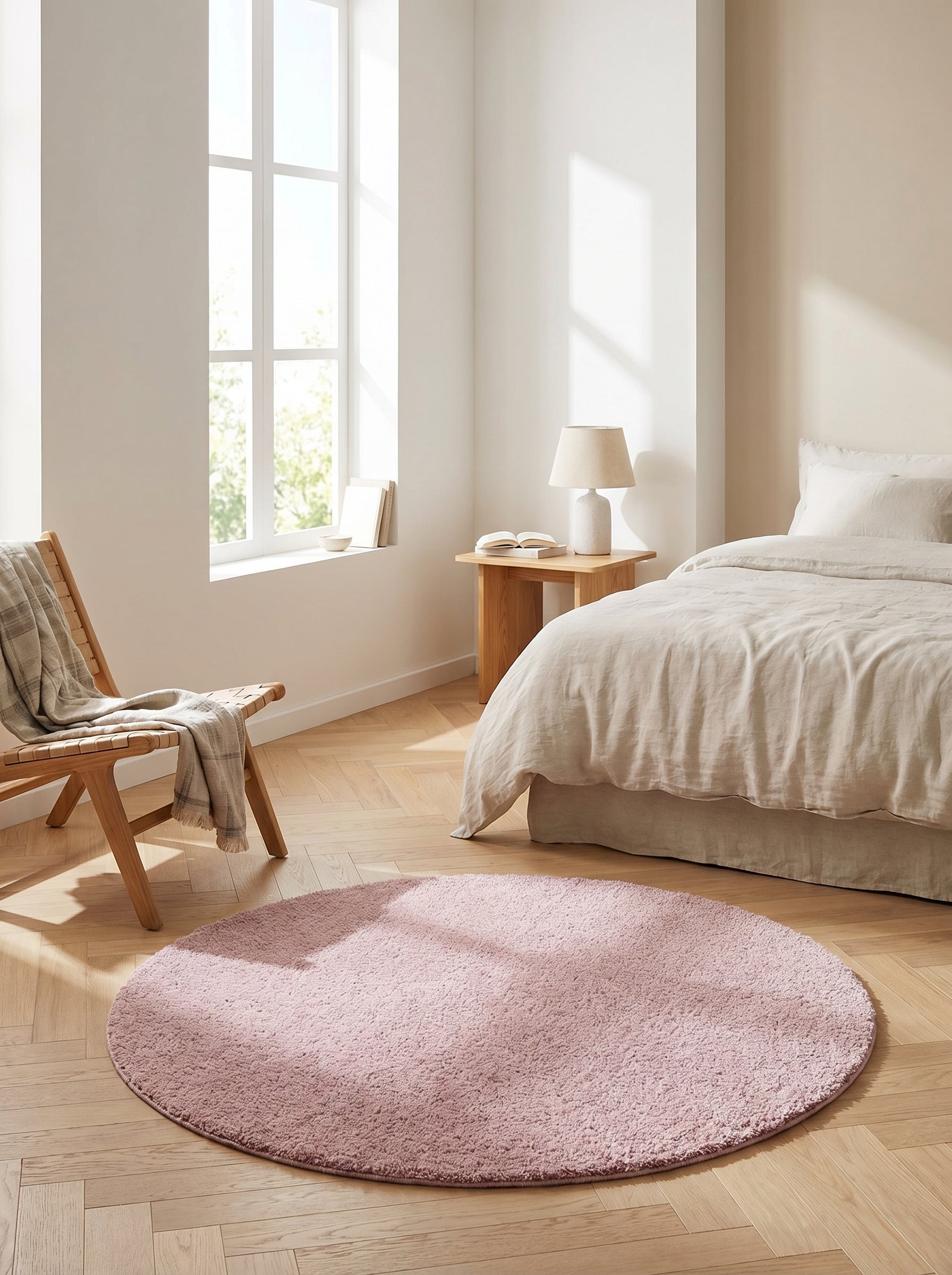 Tapis rond rose poudré à poils longs posé sur parquet clair dans une chambre lumineuse et épurée