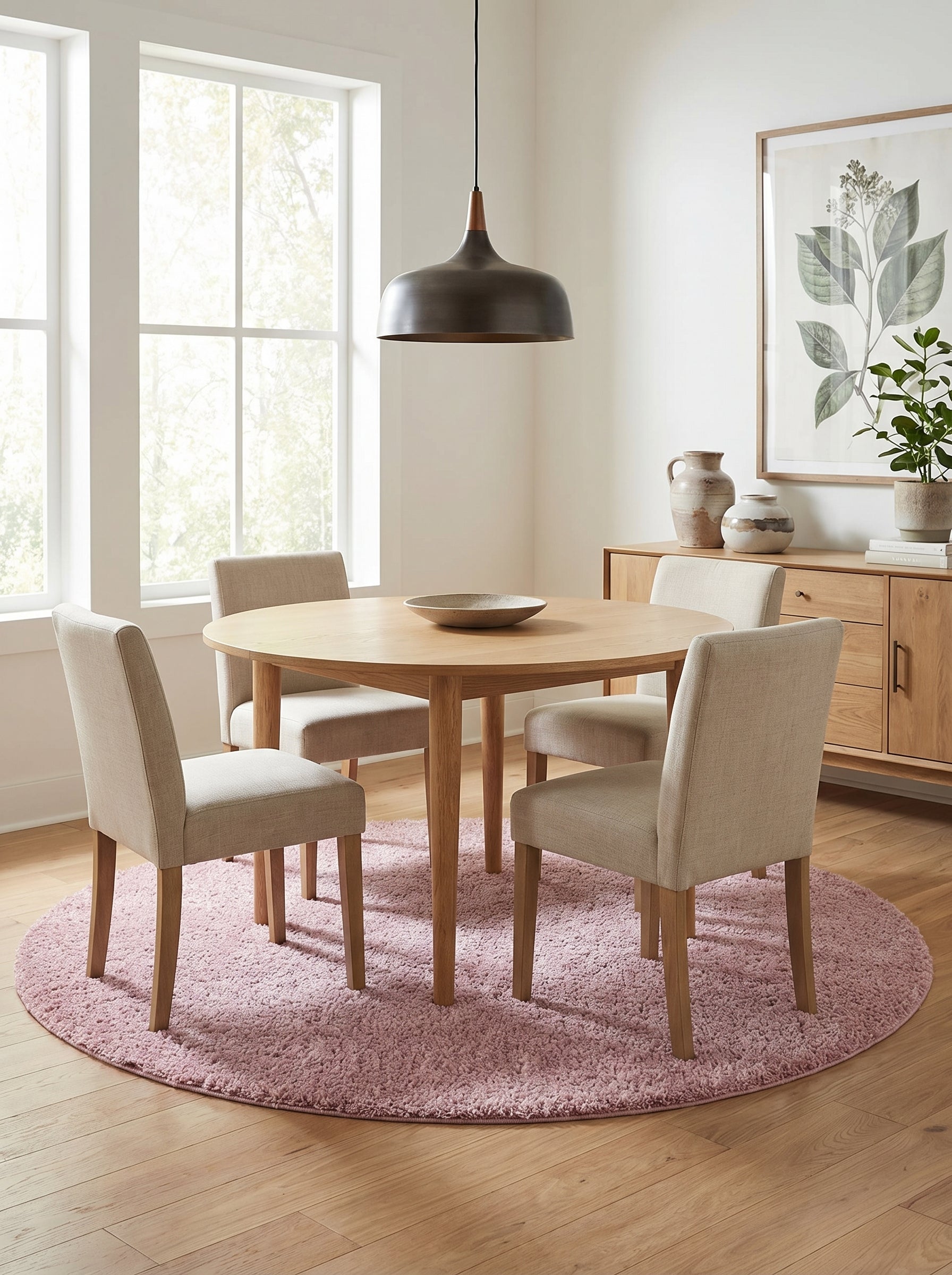 Tapis rond shaggy rose pâle sous une table et chaises en bois clair, dans une salle à manger lumineuse