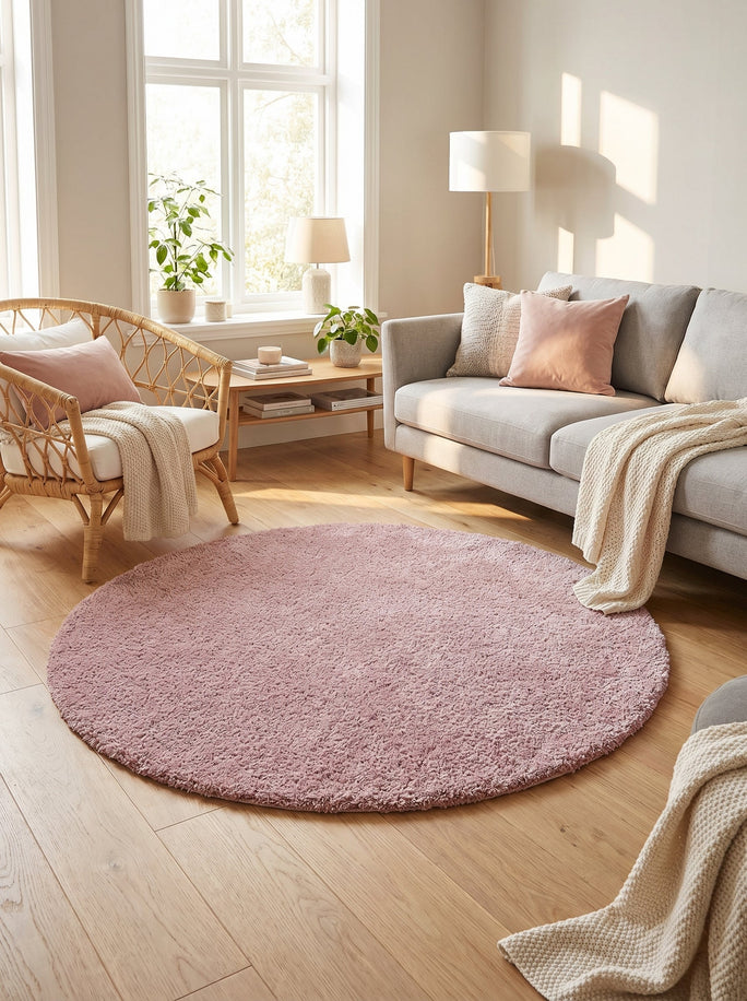 Tapis Lavable Rond Shaggy Rose Poudré - Sahel