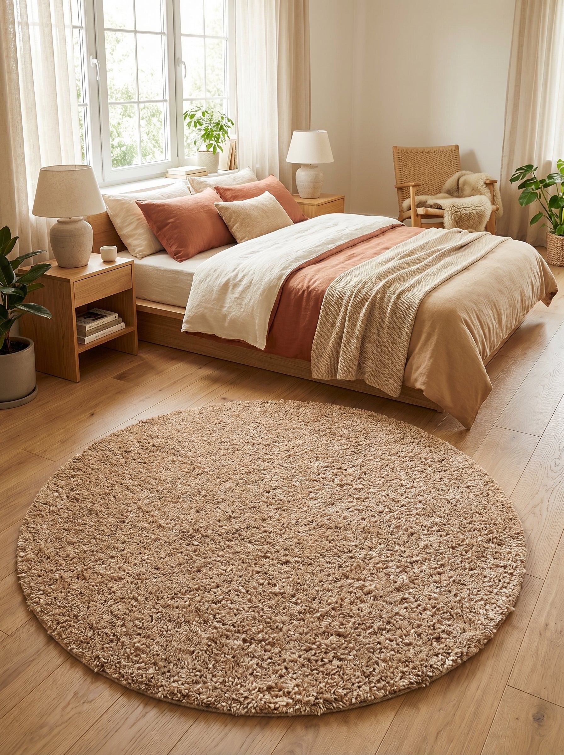 Tapis rond beige clair à longs poils shaggy, posé sur un parquet dans une chambre lumineuse