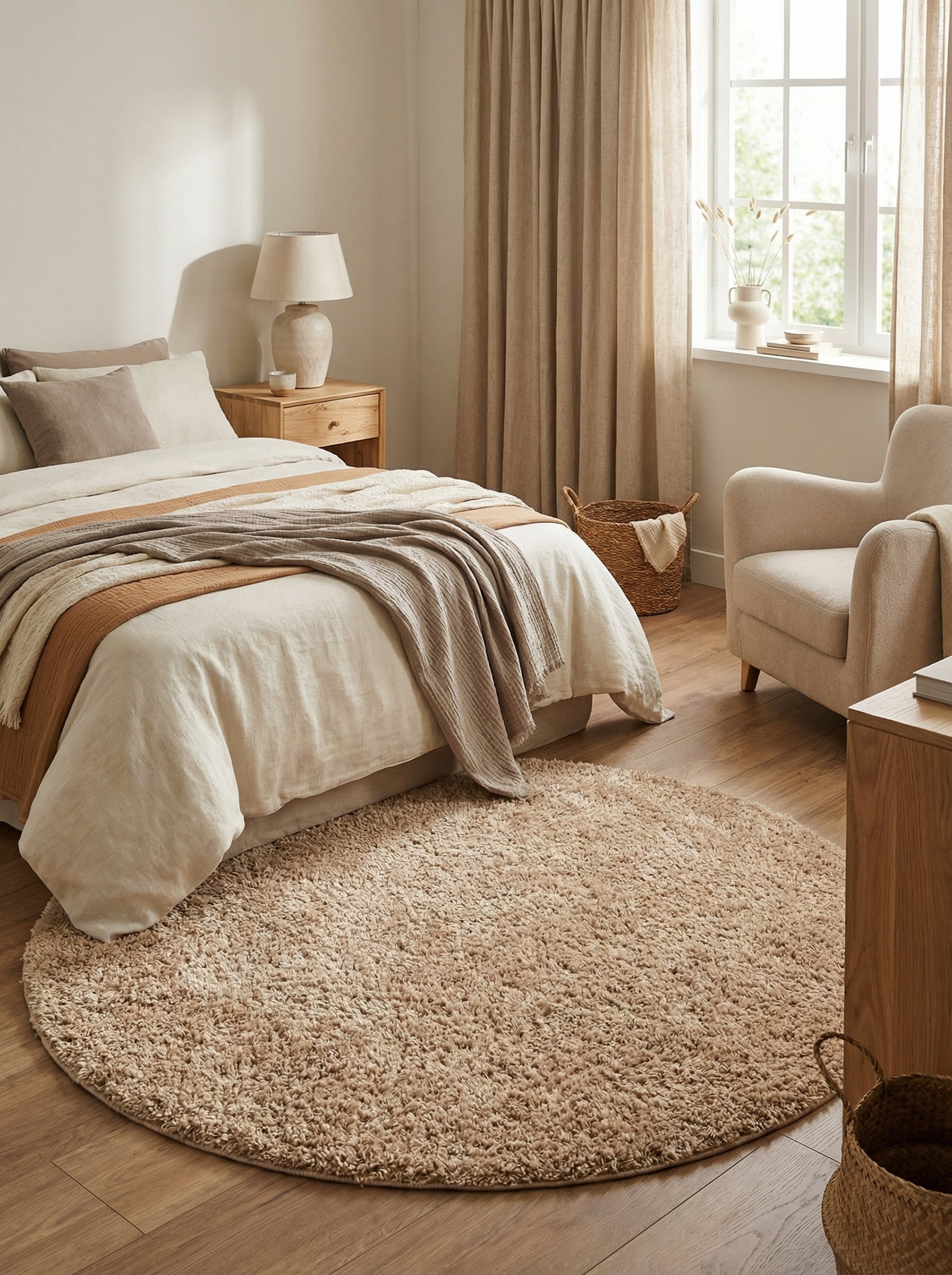 Tapis rond shaggy beige clair posé sur un parquet en bois dans une chambre décorée de tons neutres