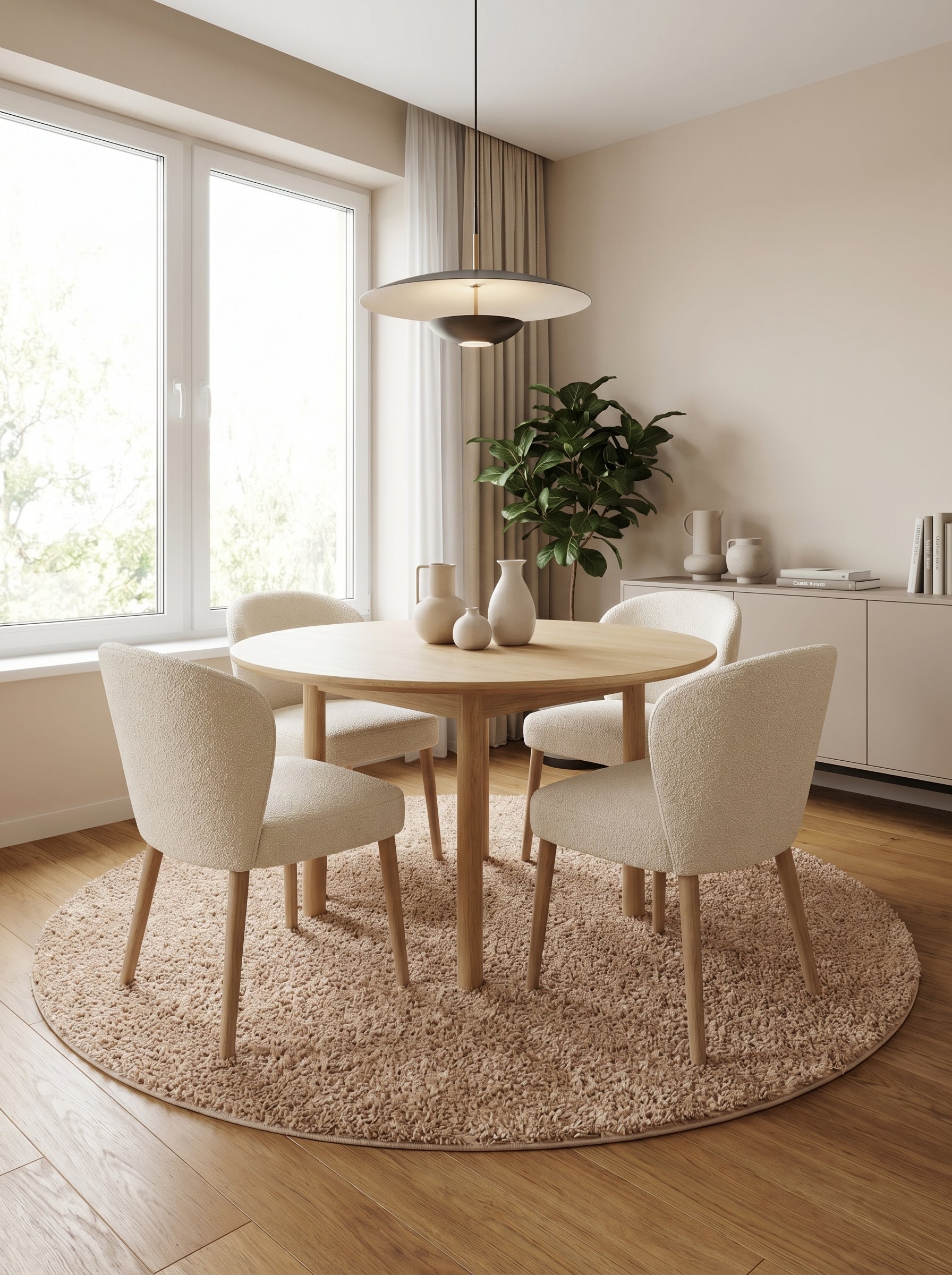 Tapis rond shaggy beige clair à poils longs sous une table en bois et des chaises, dans une salle à manger moderne