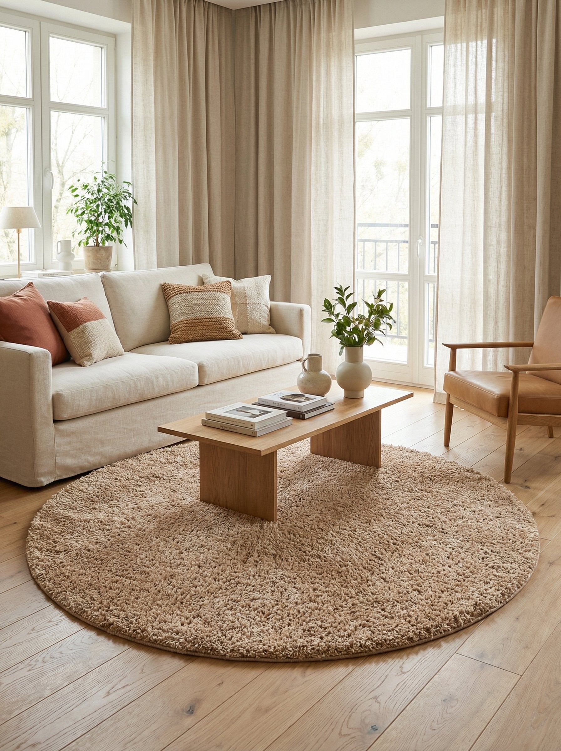 Tapis rond shaggy beige à poils longs, posé sur un parquet en bois clair dans un salon lumineux