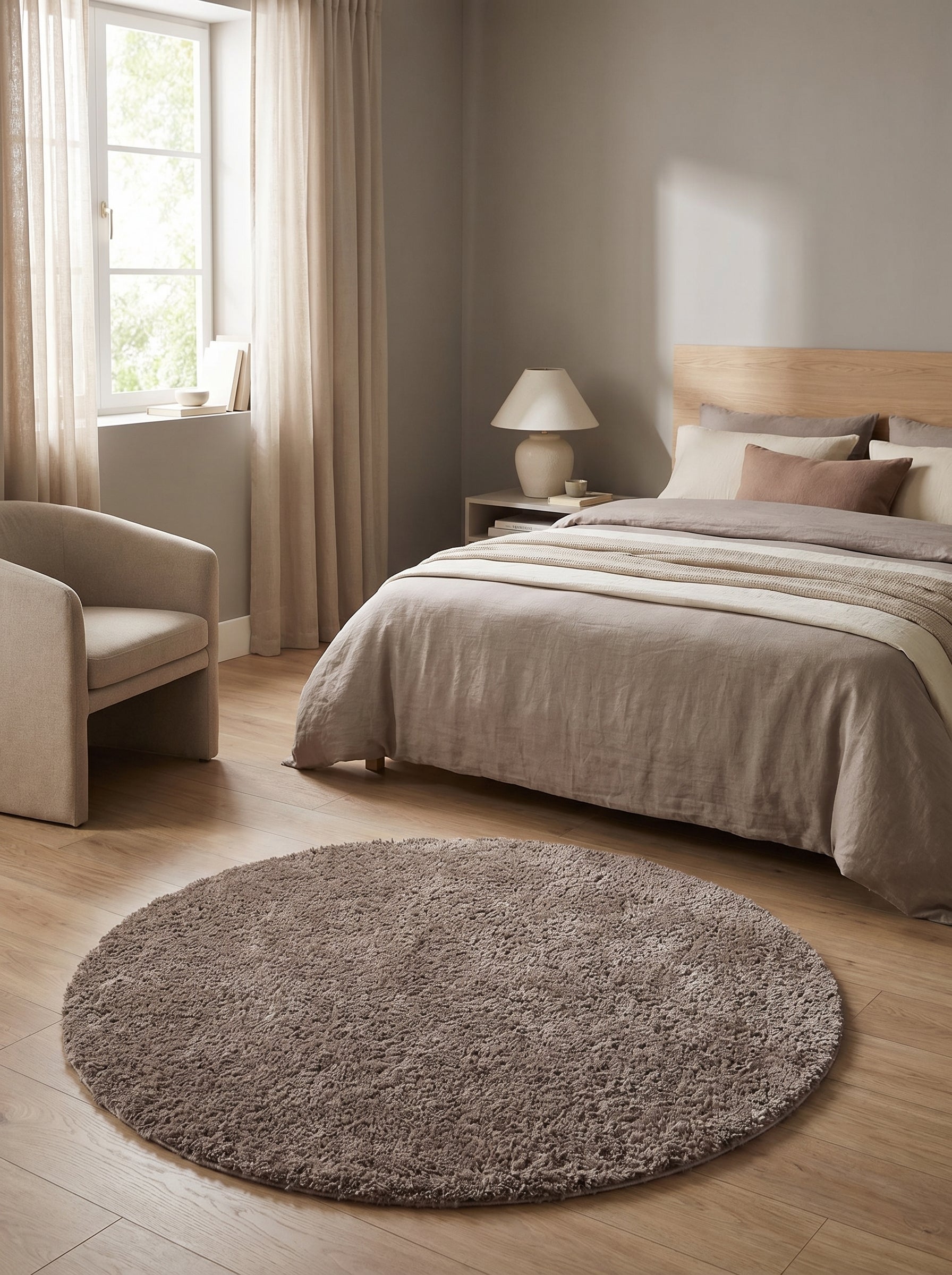 Tapis rond à poils longs de couleur taupe clair posé sur un parquet en bois clair, agrémentant une chambre lumineuse