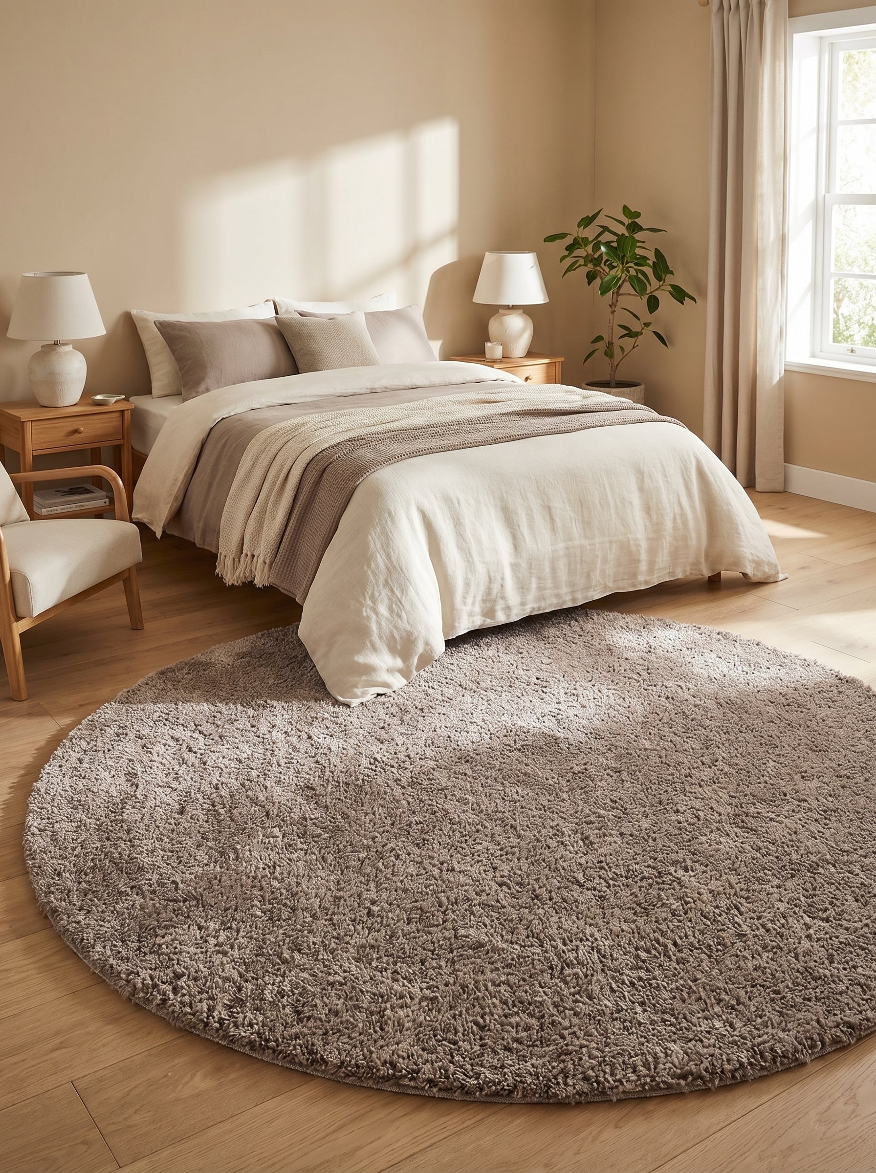 Tapis rond épais taupe à poils longs devant un lit dans une chambre lumineuse