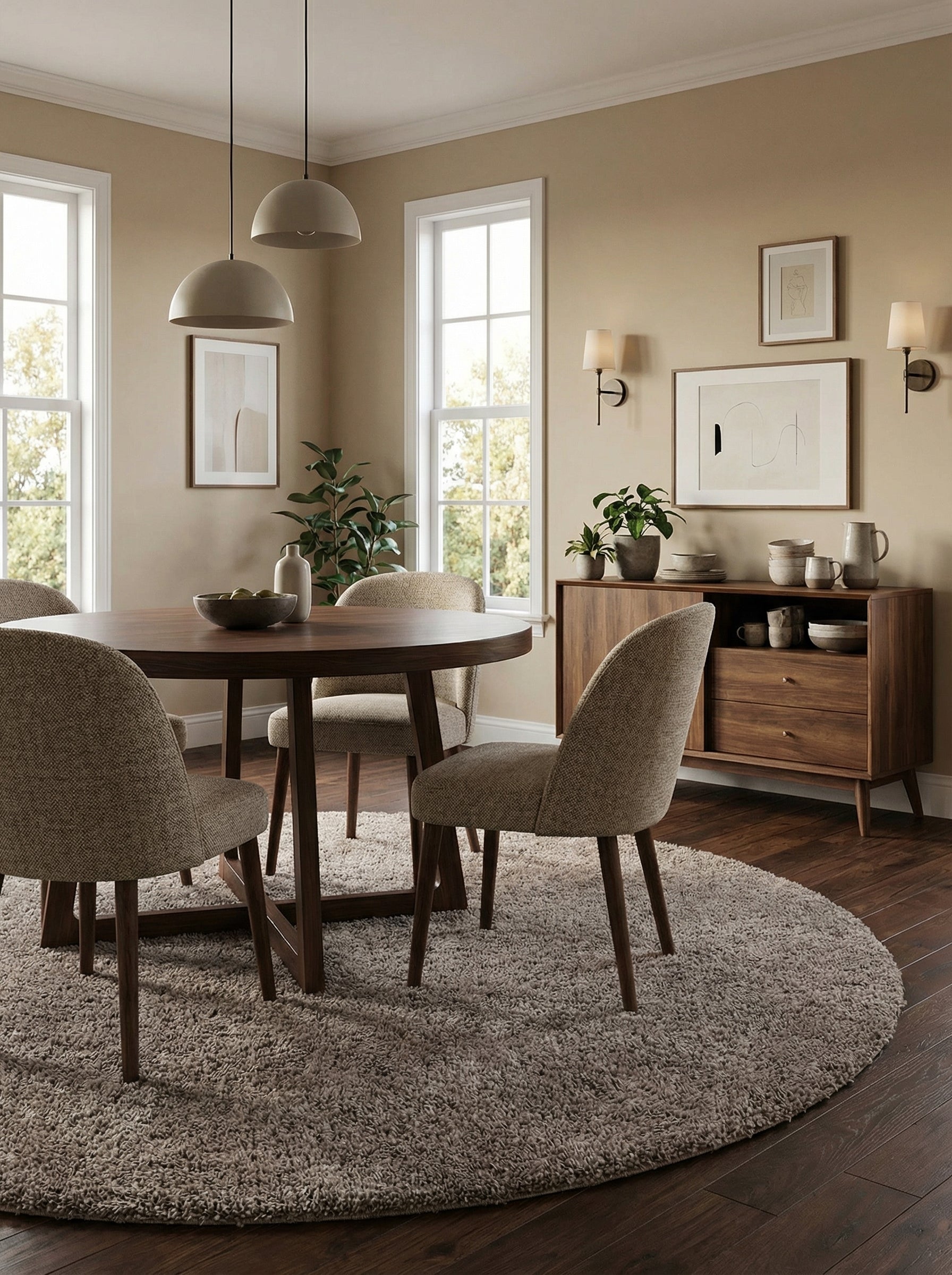Tapis rond à poils longs couleur taupe clair sous une table à manger en bois foncé avec des chaises dans une salle à manger lumineuse