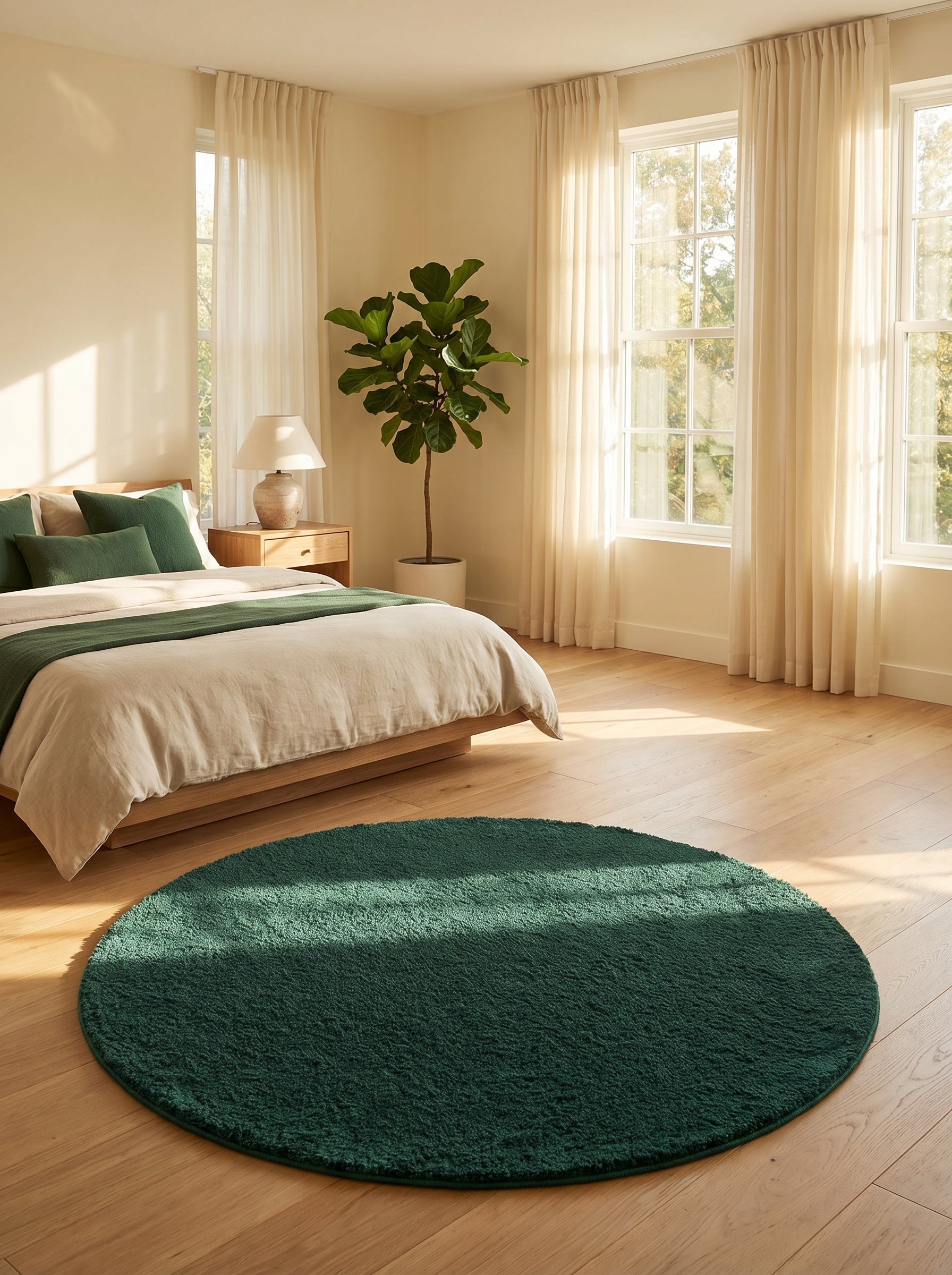 Tapis rond vert foncé à poils longs et doux, posé sur un parquet clair dans une chambre moderne et lumineuse