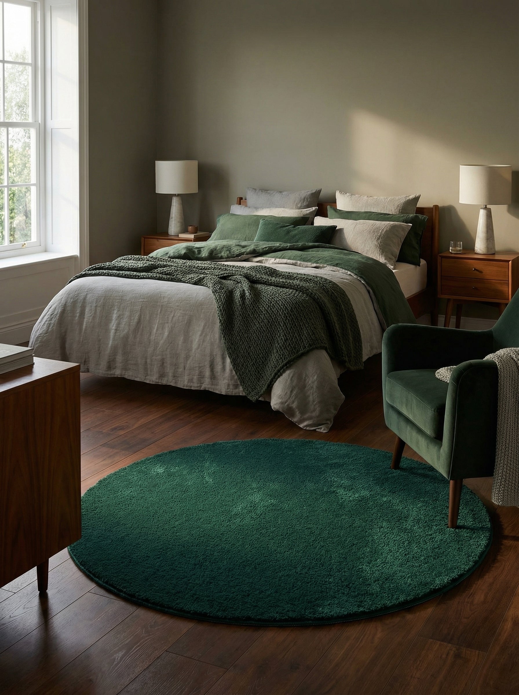 Tapis rond vert profond à la texture douce et moelleuse, posé sur un parquet dans une chambre au style moderne et cosy