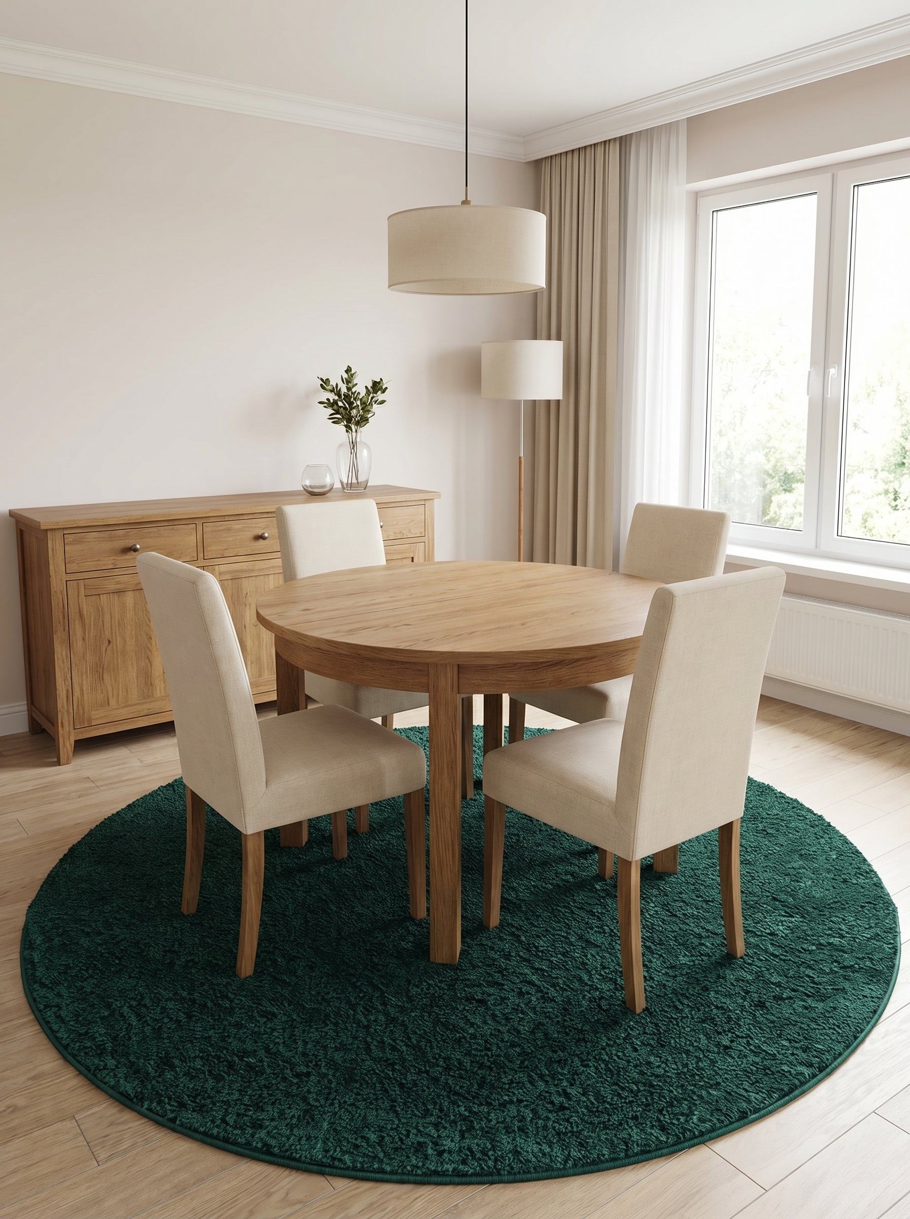 Tapis rond vert forêt à texture shaggy sous une table en bois clair et quatre chaises, au centre d'une salle à manger