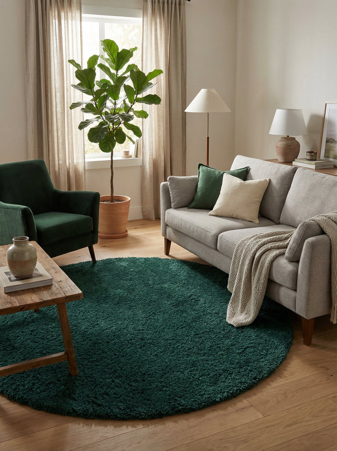 Tapis Lavable Rond Shaggy Vert Sapin - Sahel