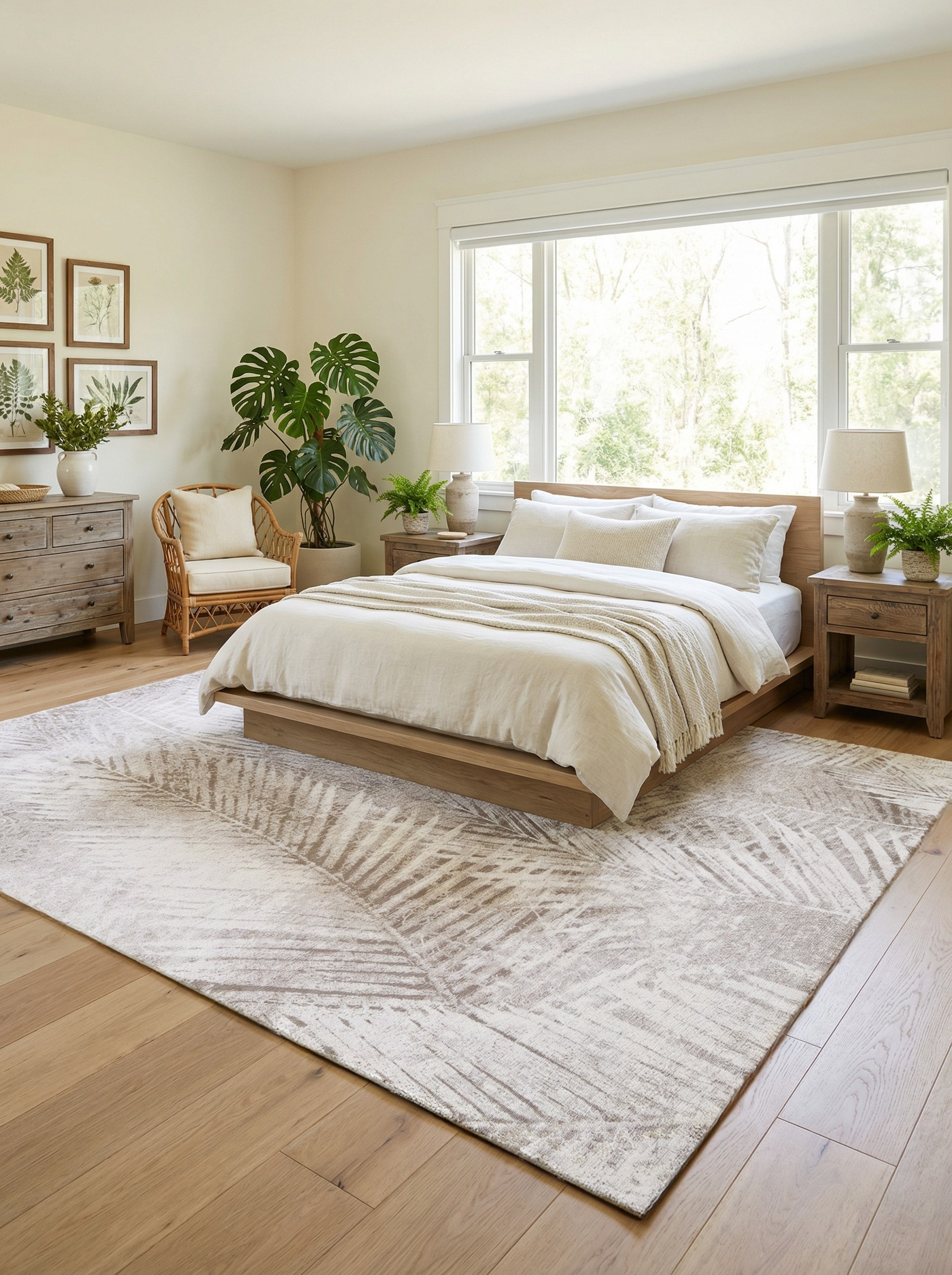 Tapis rectangulaire beige et ambre, motifs feuilles, douceur et confort pour une ambiance reposante dans la chambre