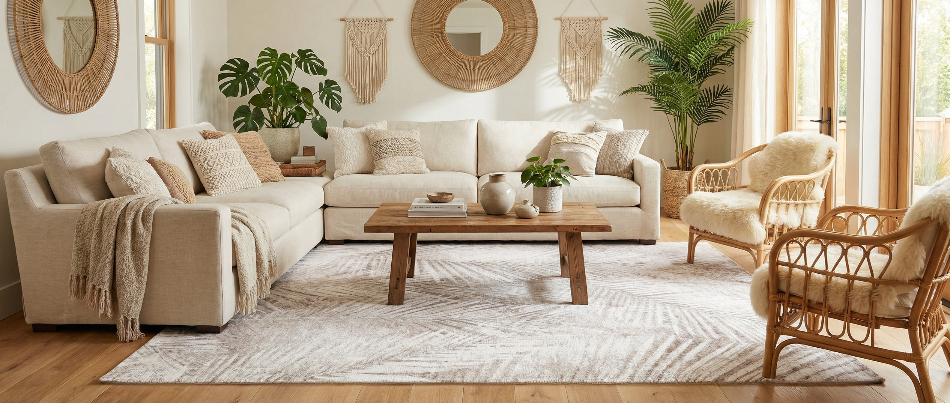 Tapis rectangulaire beige clair, motif feuilles, harmonie dans la pièce, ambiance chaleureuse