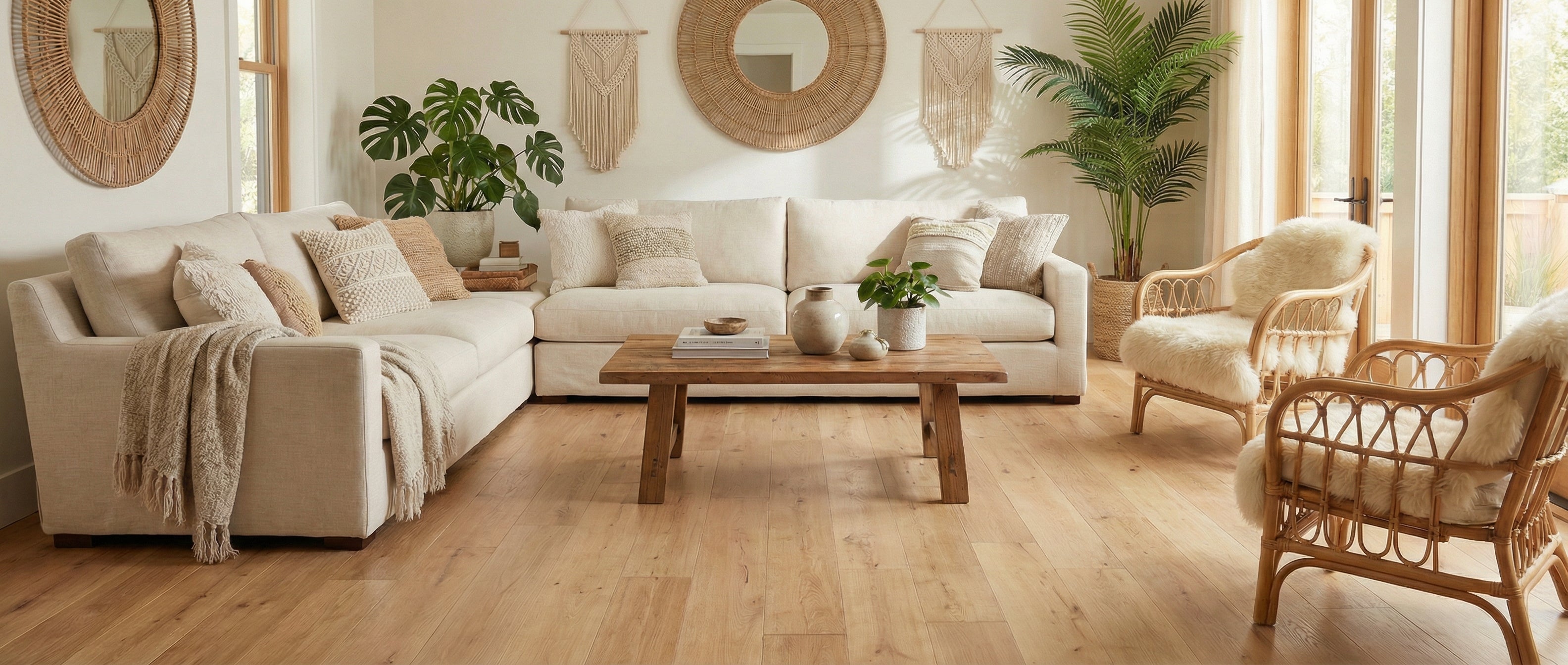 Pièce lumineuse, parquet clair. Canapé blanc, fauteuils rotin. Miroirs ronds, plantes. Espace vide pour un tapis