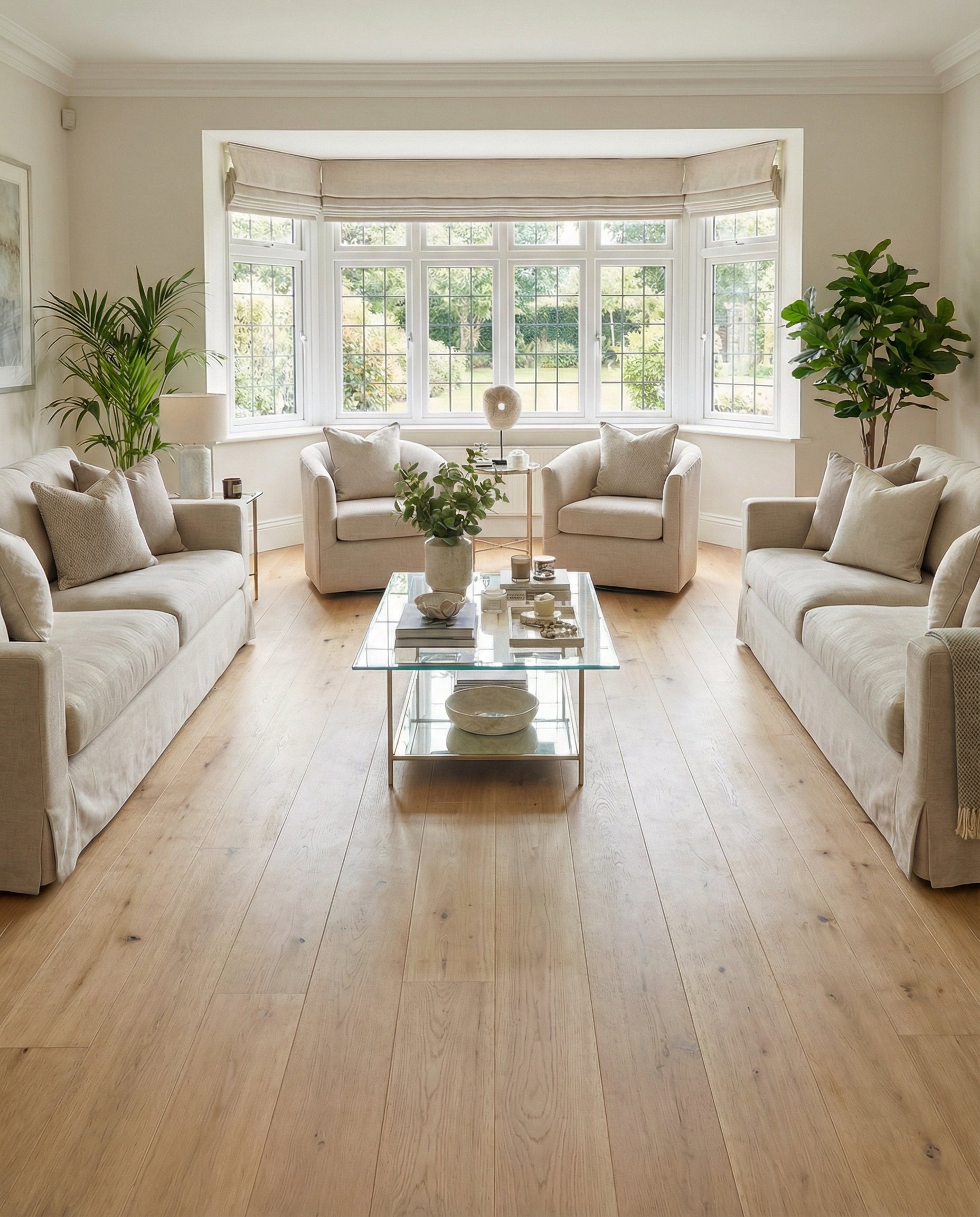 Pièce beige, ambiance chaleureuse, parquet clair, deux canapés et deux fauteuils face à une baie vitrée, espace vide à