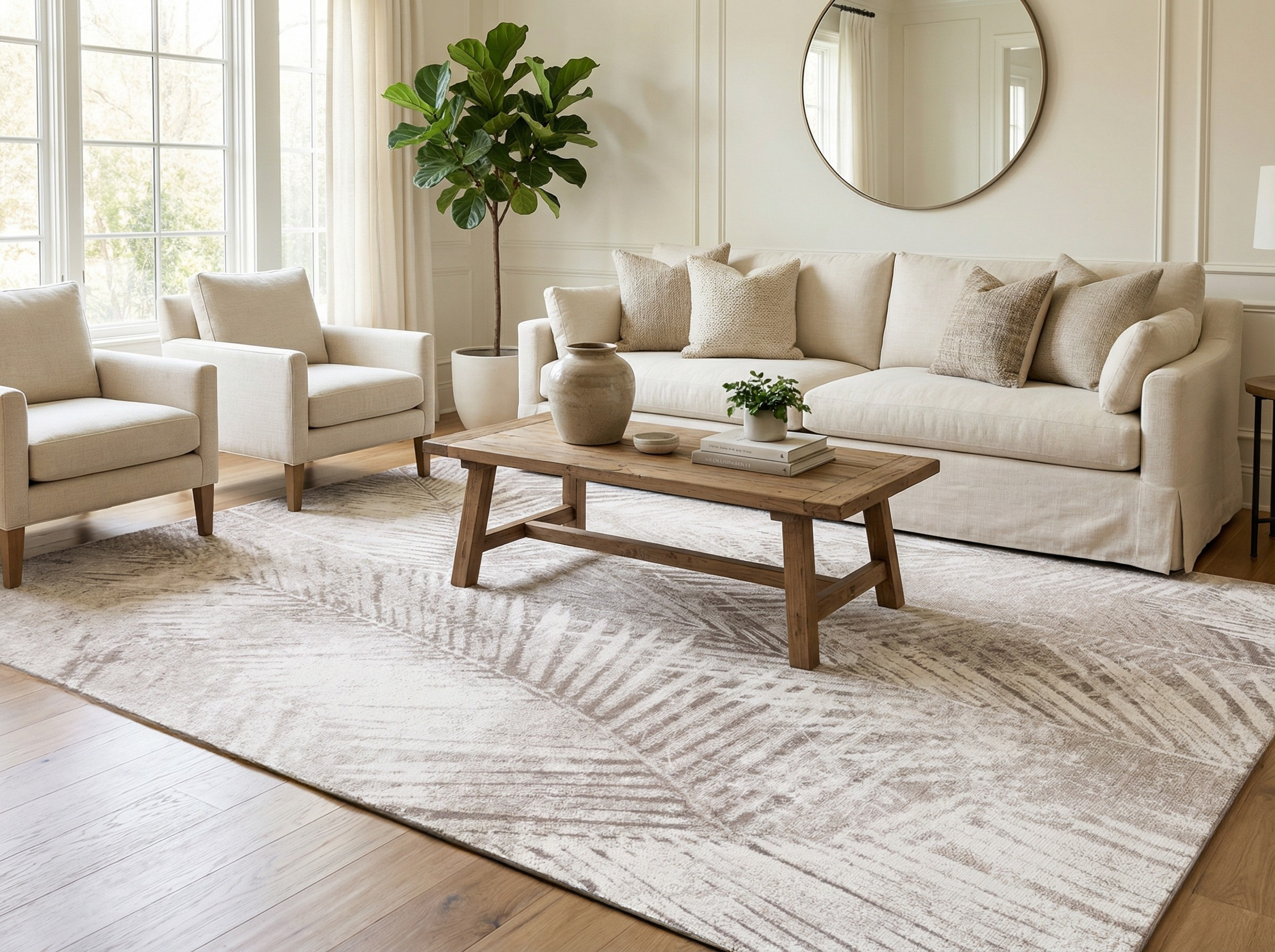 Tapis rectangulaire beige à motifs feuilles dans un salon. Ambiance chaleureuse et déco épurée