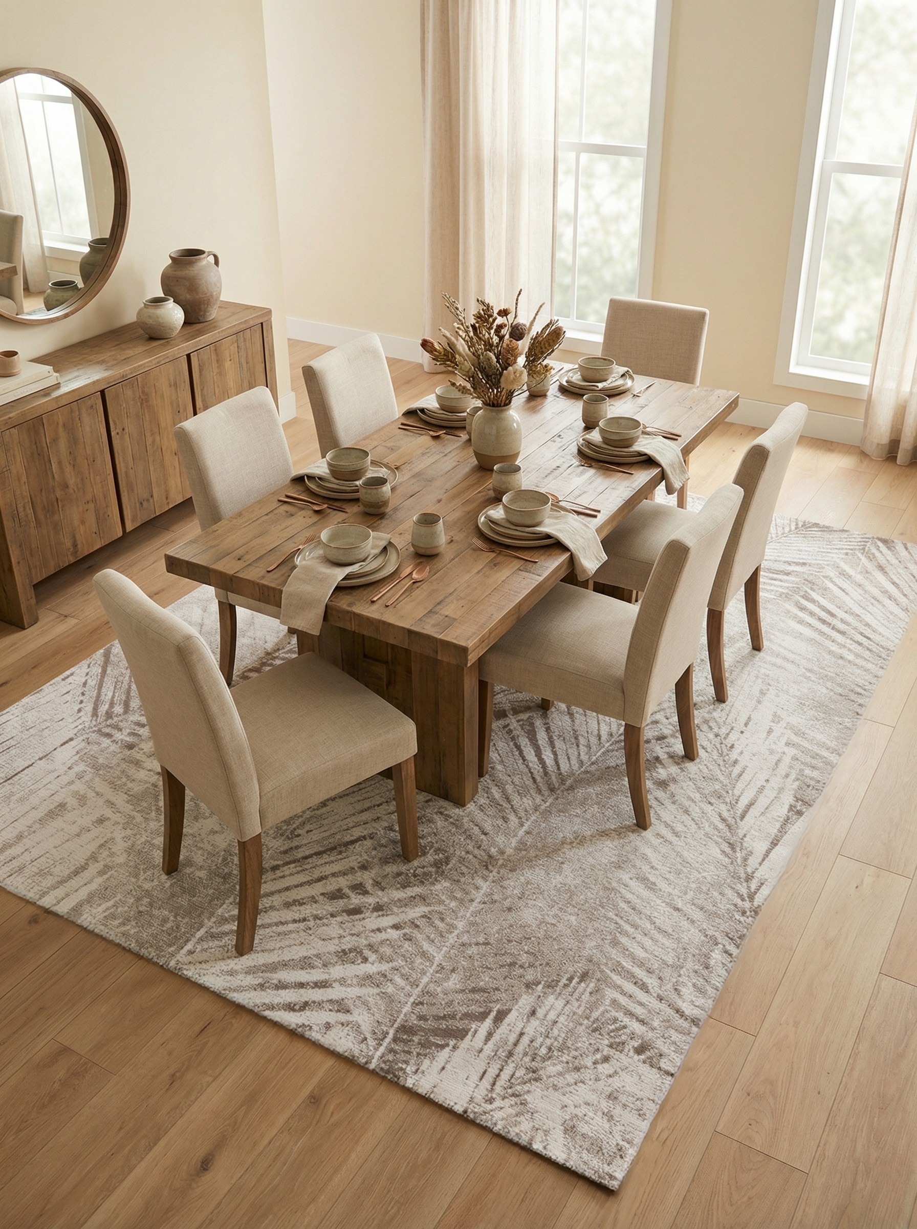 Tapis rectangulaire beige sous la table à manger, définissant l'espace repas et créant une ambiance conviviale